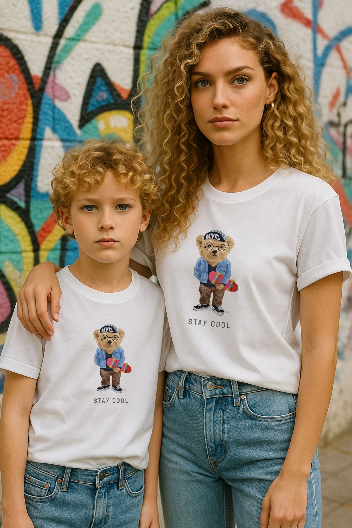 TARZ STİL Anne Oğul Uyumlu Stay Cool Bear Baskılı Trend Tişört 16060