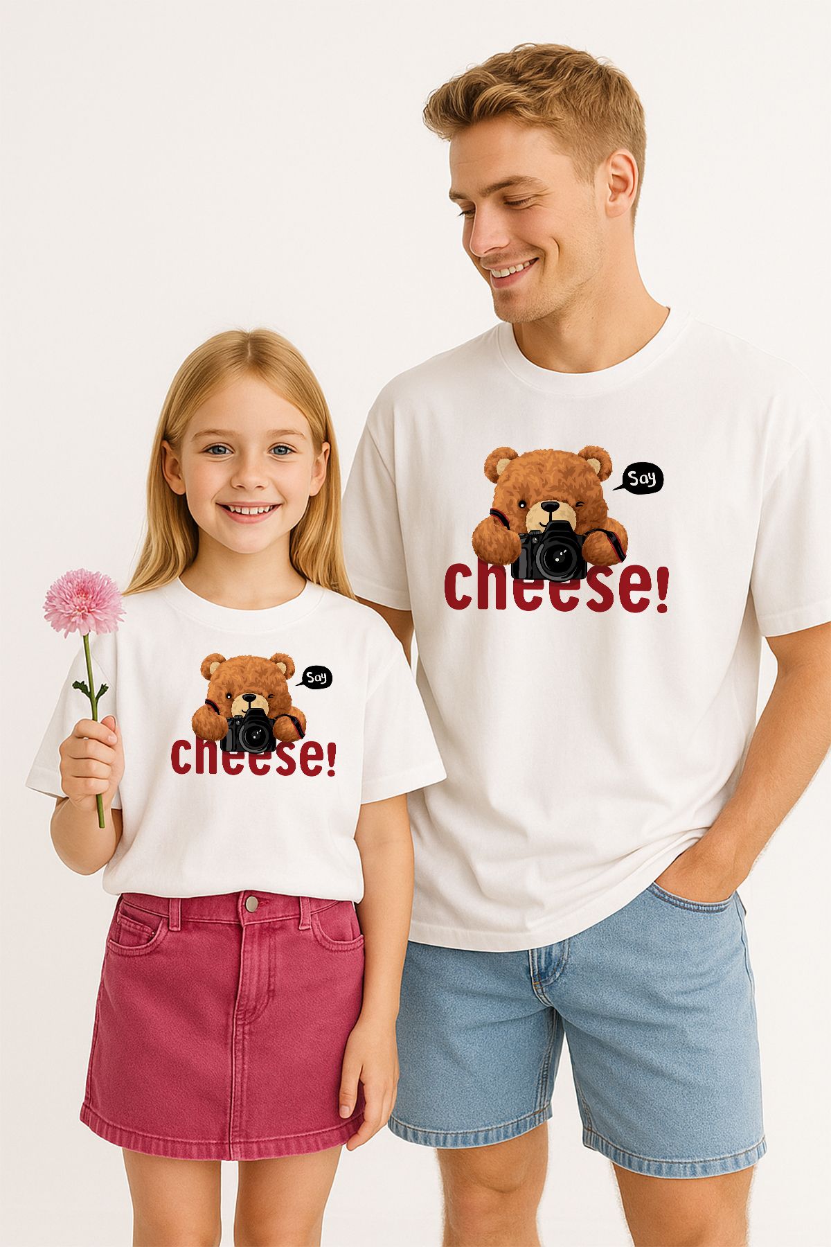TARZ STİL Baba Kız Uyumlu Cheese Baskılı Trend Tişört 11028