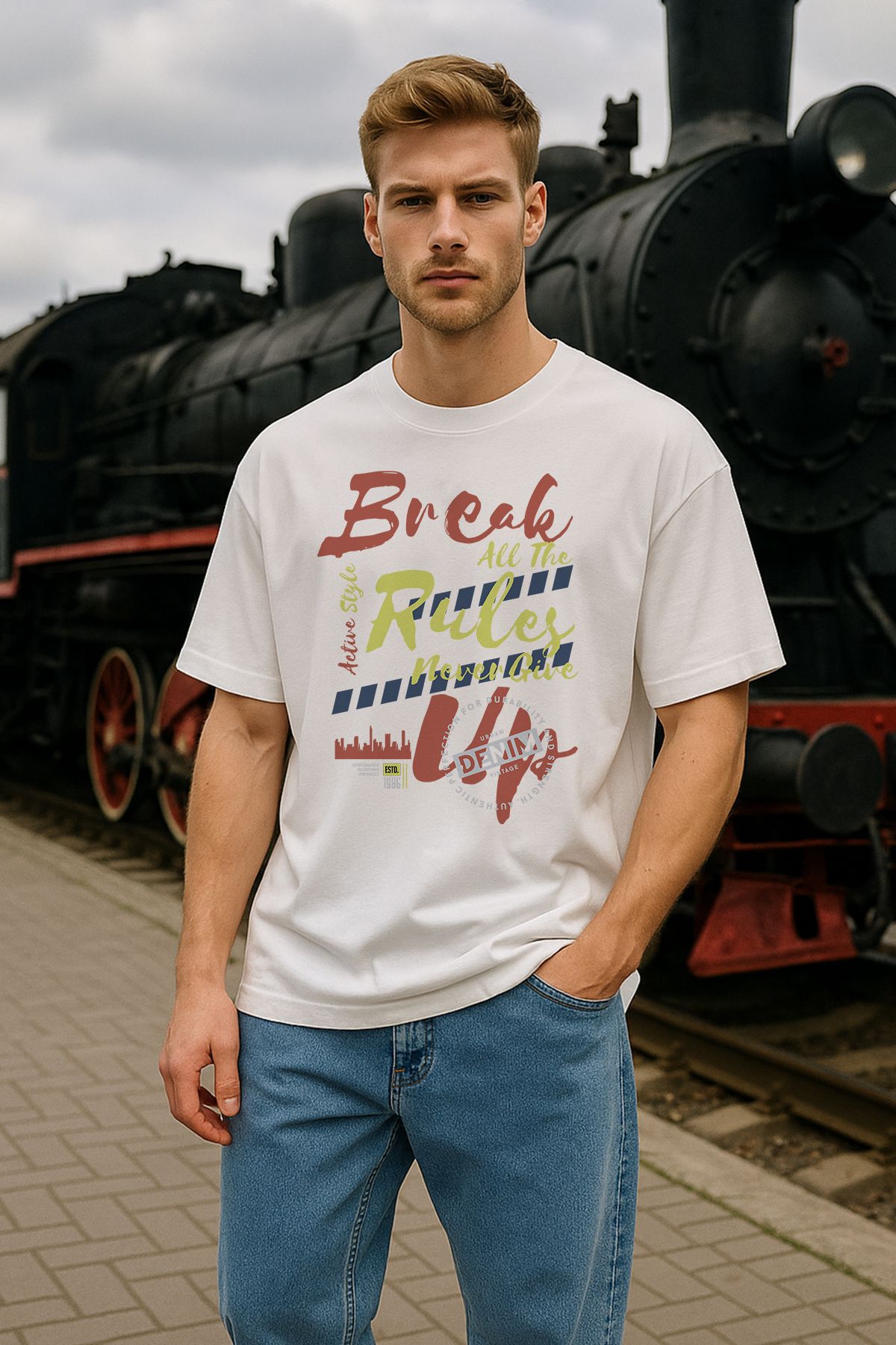 TARZ STİL Erkek Beyaz Oversize Break the rules Baskılı Kısa Kollu Tişört 22491