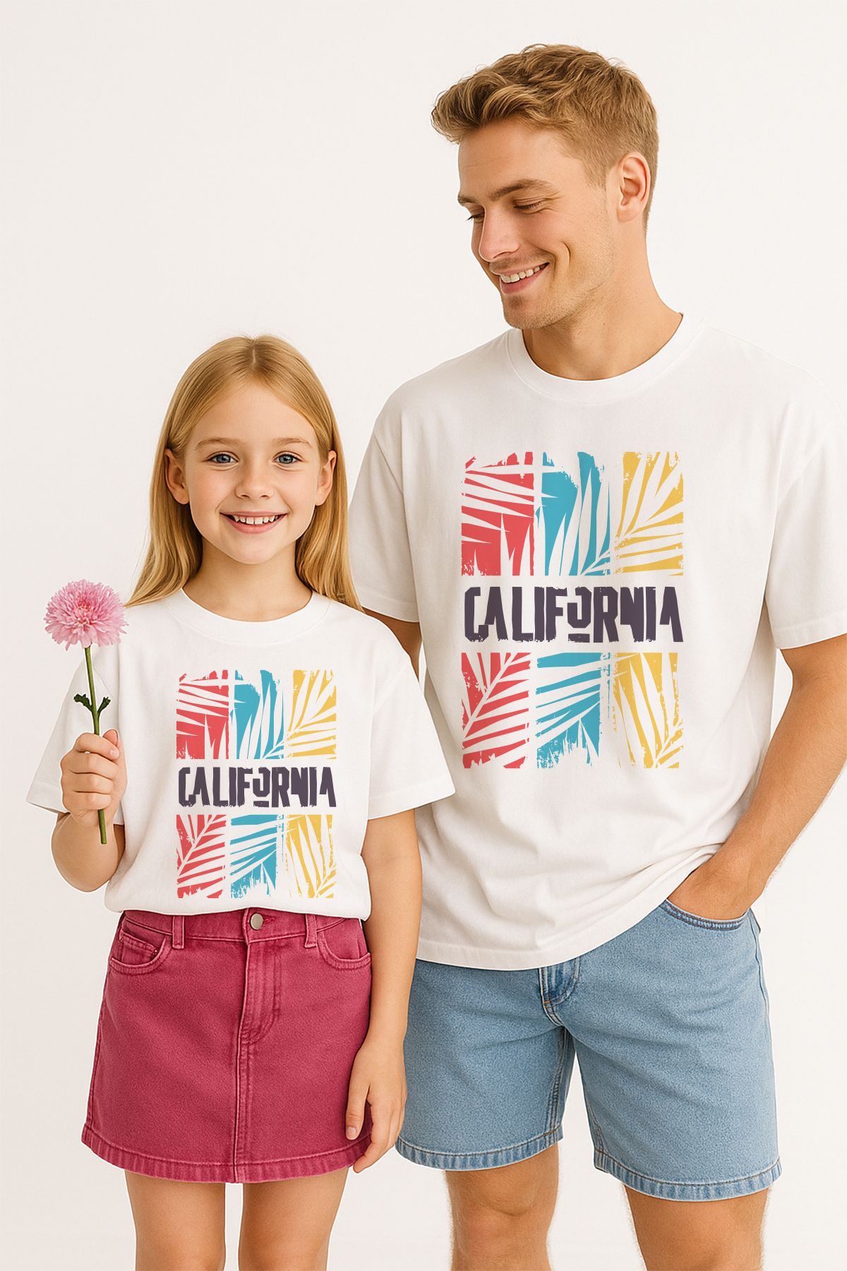 TARZ STİL Baba Kız Uyumlu California Baskılı Trend Tişört 12585