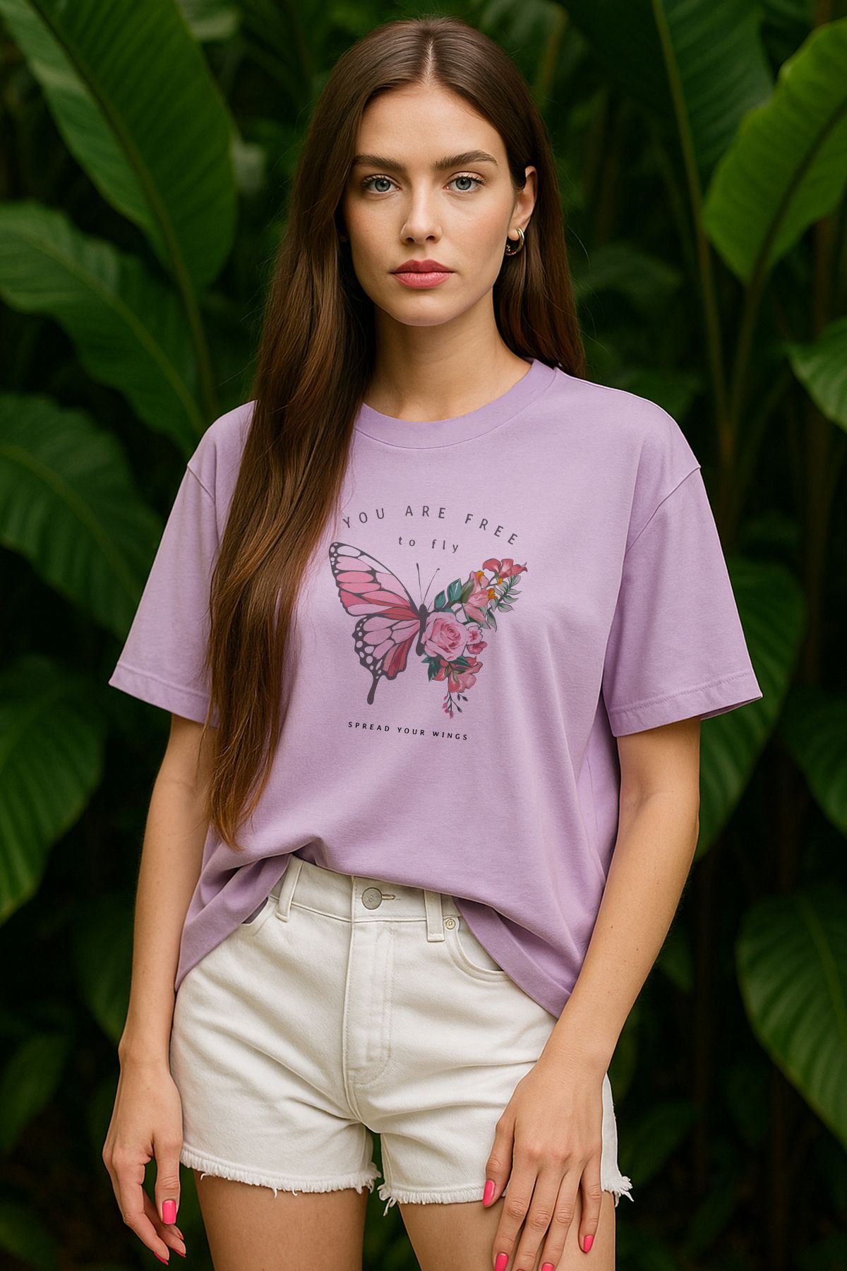 TARZ STİL Kadın Oversize Kelebek Baskılı Kısa Kollu Trend Tişört 12474