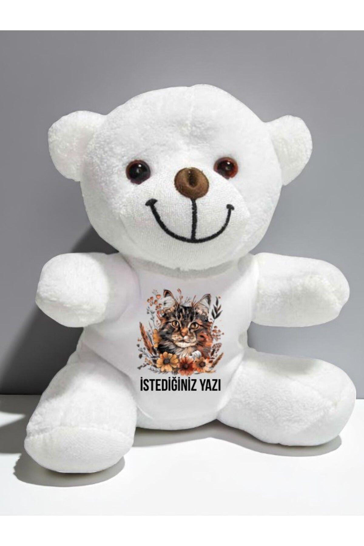 lili hediyelik Çiçekli Kedi Temalı İstediğiniz Yazı Baskılı 20 cm Beyaz Peluş Ayıcık