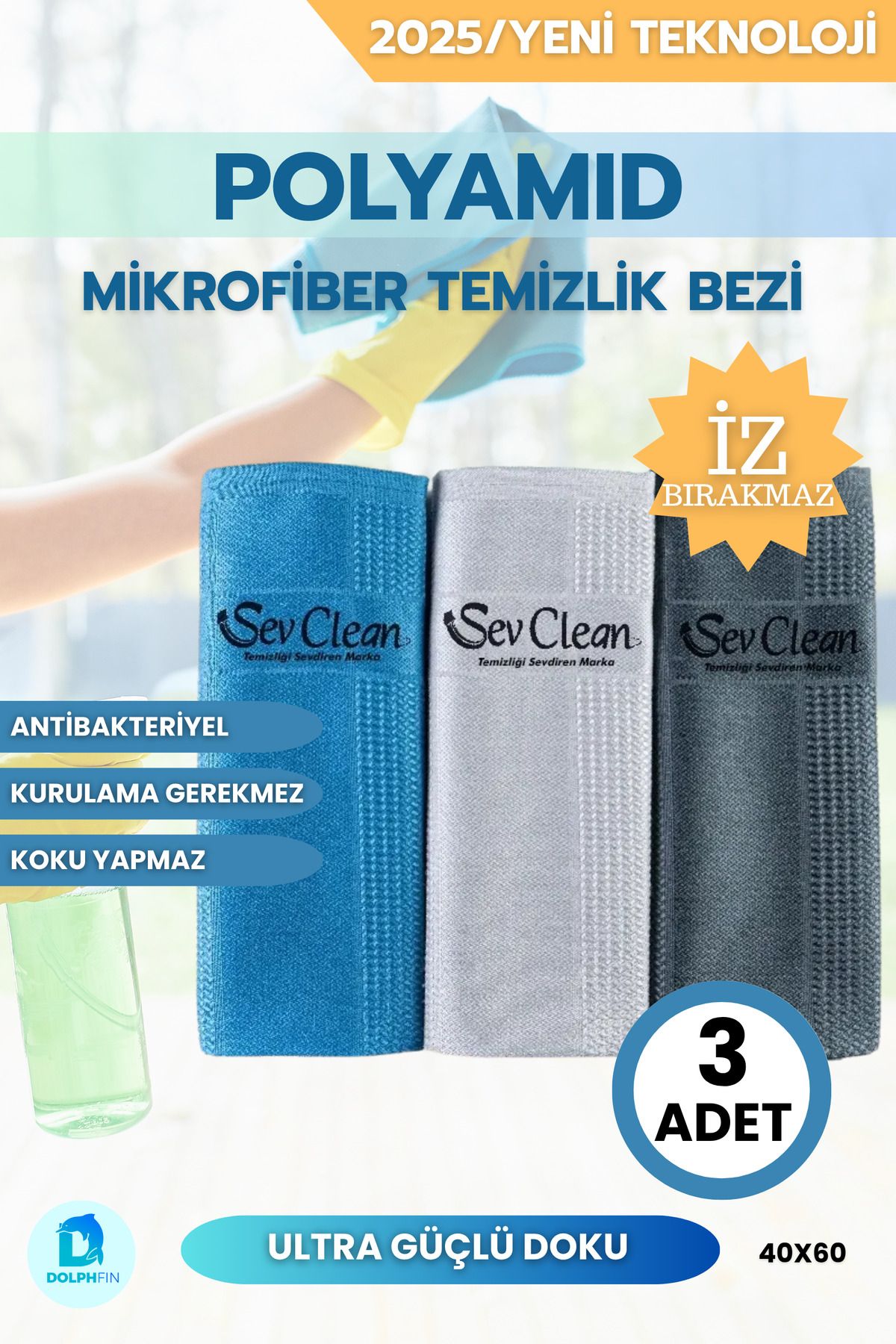 DolphFin Polyamid Mikrofiber Temizlik Bezi Sevclean Yeni İçeriği İle Çok Amaçlı Ultra Güçlü Temizlik