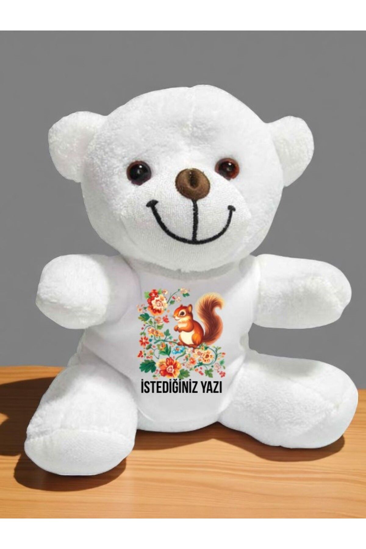 lili hediyelik Çiçekli Sincap Temalı İstediğiniz Yazı Baskılı 20 cm Beyaz Peluş Ayıcık