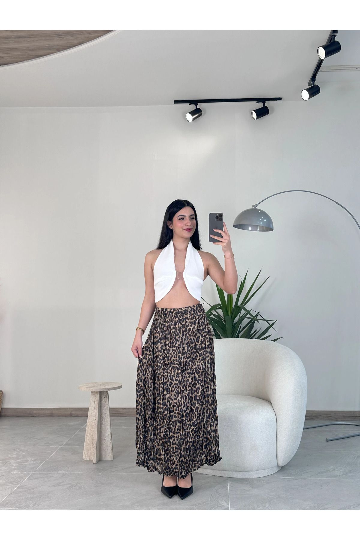Kyra Studios Kahverengi 2265 Tül Leopar Etek