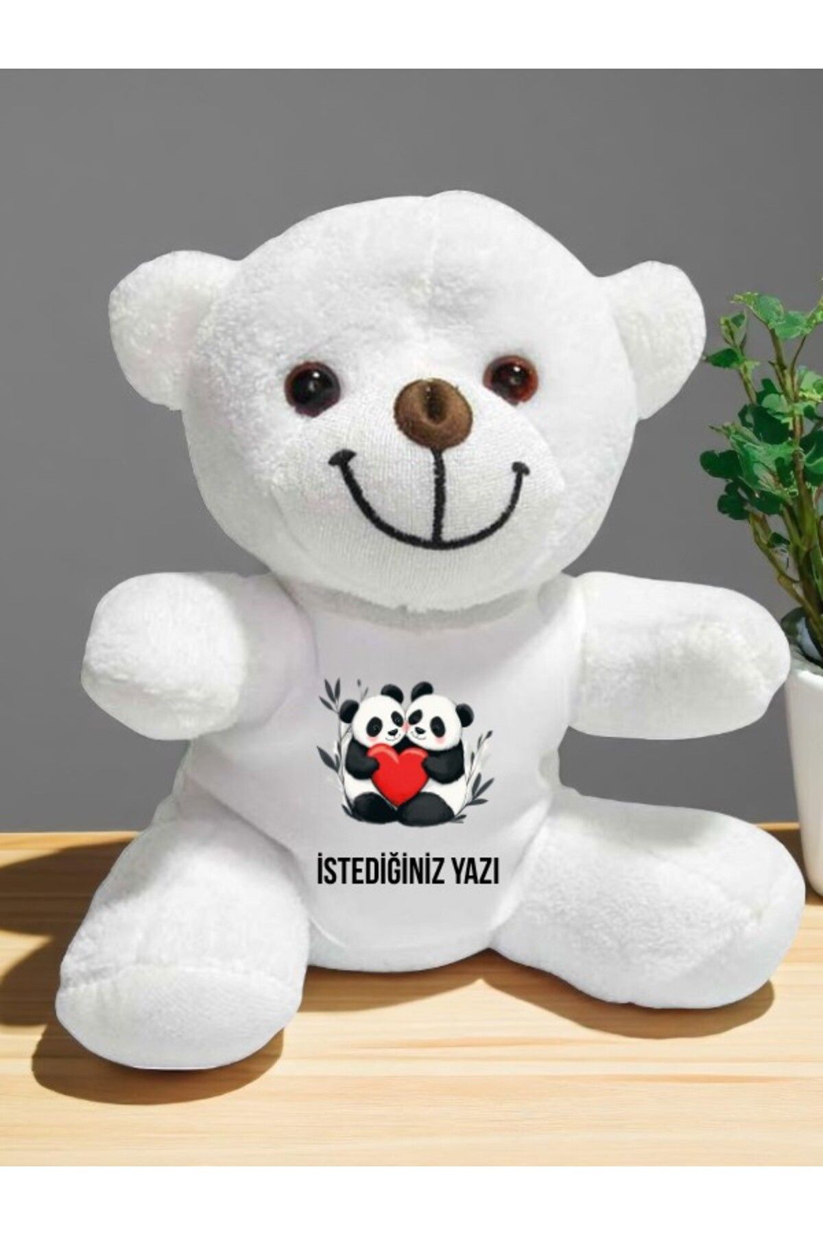lili hediyelik Kalpli Panda Temalı İstediğiniz Yazı Baskılı 20 cm Beyaz Peluş Ayıcık