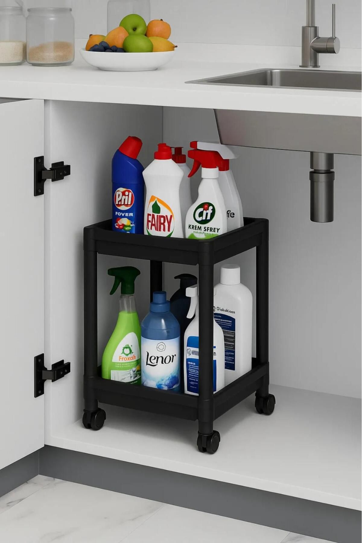 ZeDesign Çok Amaçlı 2 Katlı Evye Altı Düzenleyicisi Banyo Düzenleyici Dolap İçi Organizer Raf tekerlekli