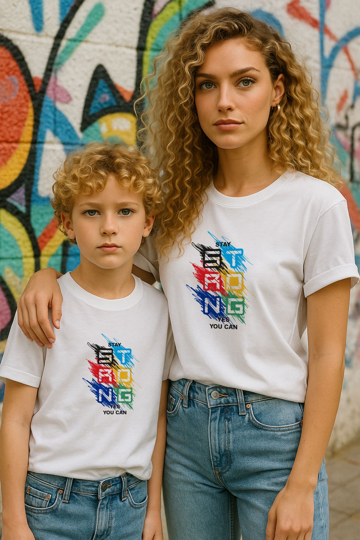 TARZ STİL Anne Oğul Uyumlu Stay Strong Baskılı Trend Tişört 12658