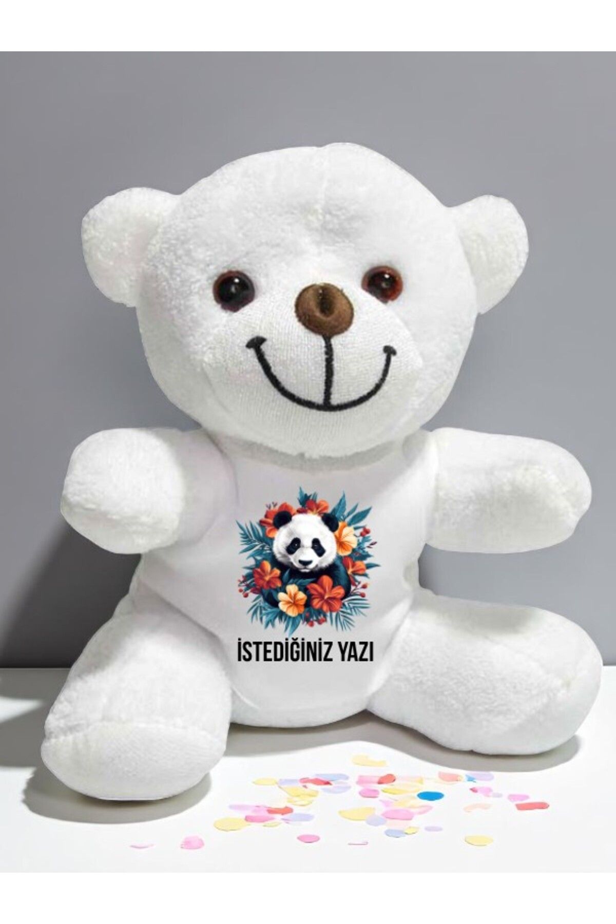 lili hediyelik Çiçekli Panda Temalı İstediğiniz Yazı Baskılı 20 cm Beyaz Peluş Ayıcık