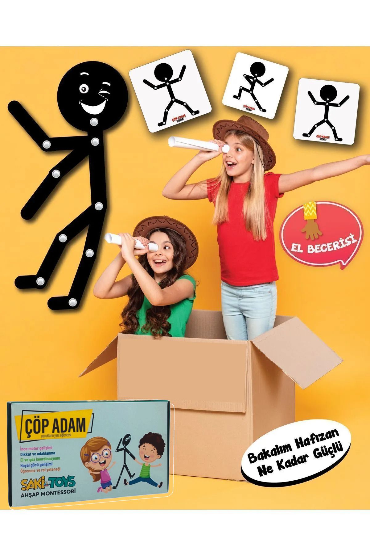 Saki Toys Ahşap Çöp Adam Eğitici Kartlı Kutu Oyunu - Hafıza Dikkat ve Beceri Oyunu