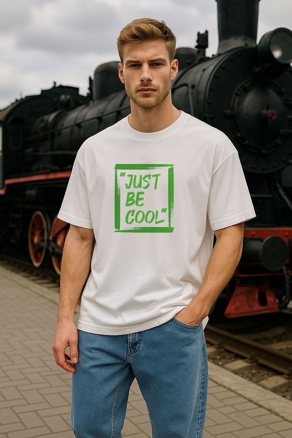 TARZ STİL Erkek Beyaz Oversize Just be Cool Baskılı Kısa Kollu Tişört 20178