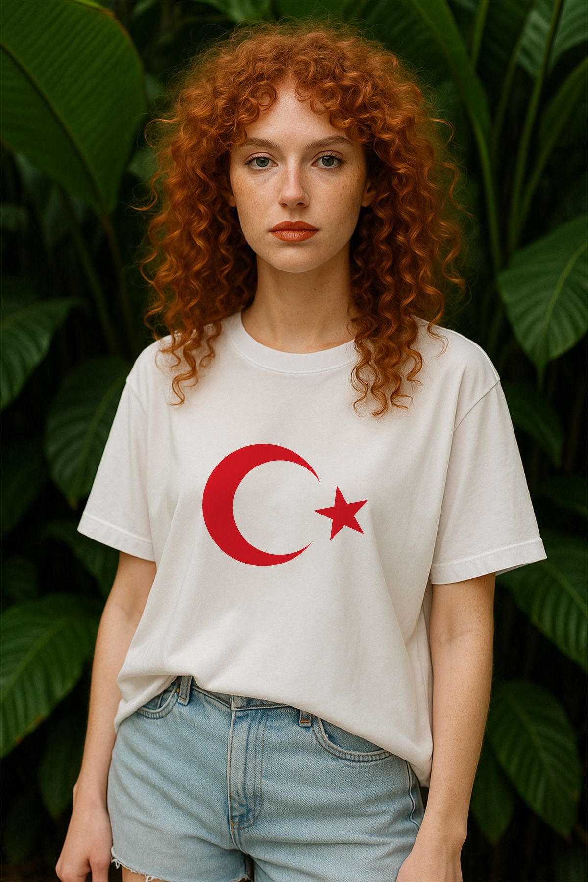 TARZ STİL Kadın Oversize Ay Yıldız Baskılı Kısa Kollu Trend Tişört 22553-1