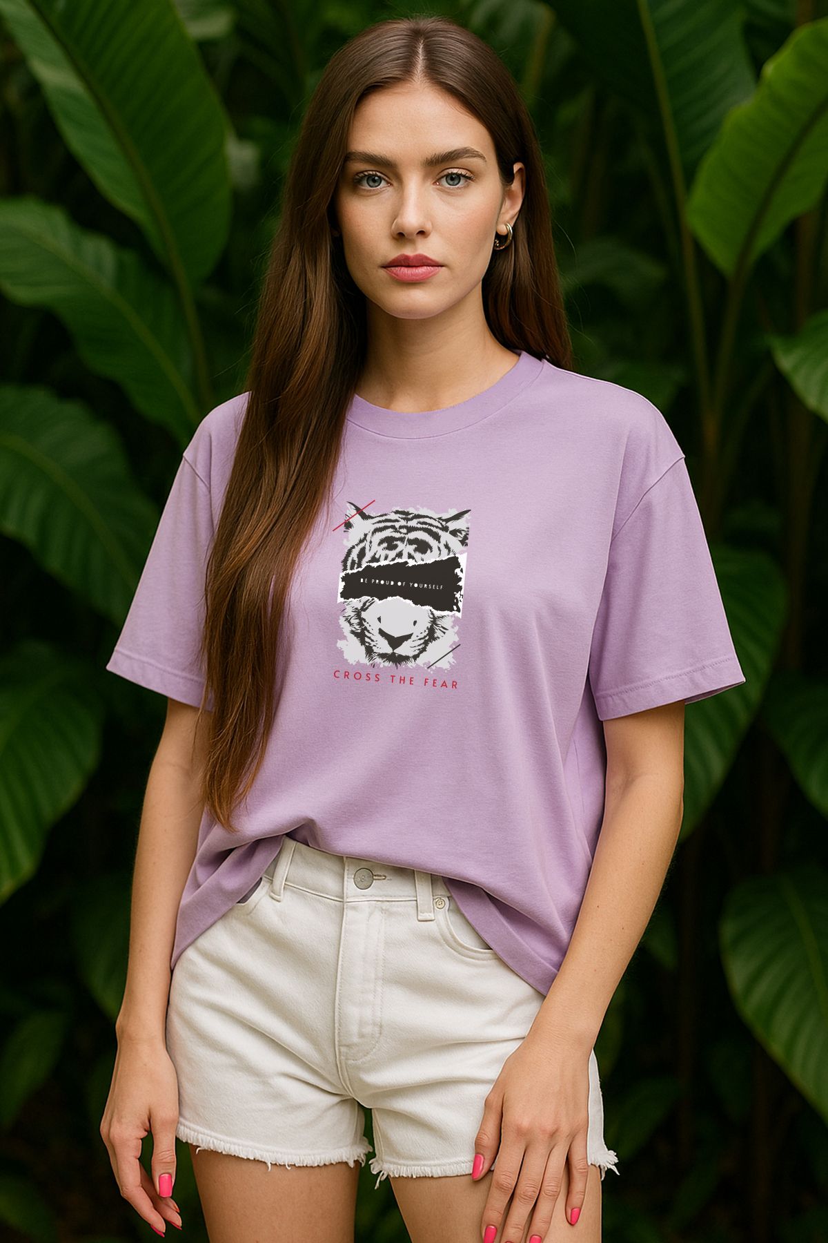 TARZ STİL Kadın Oversize Cross the Fear Baskılı Kısa Kollu Trend Tişört 16697