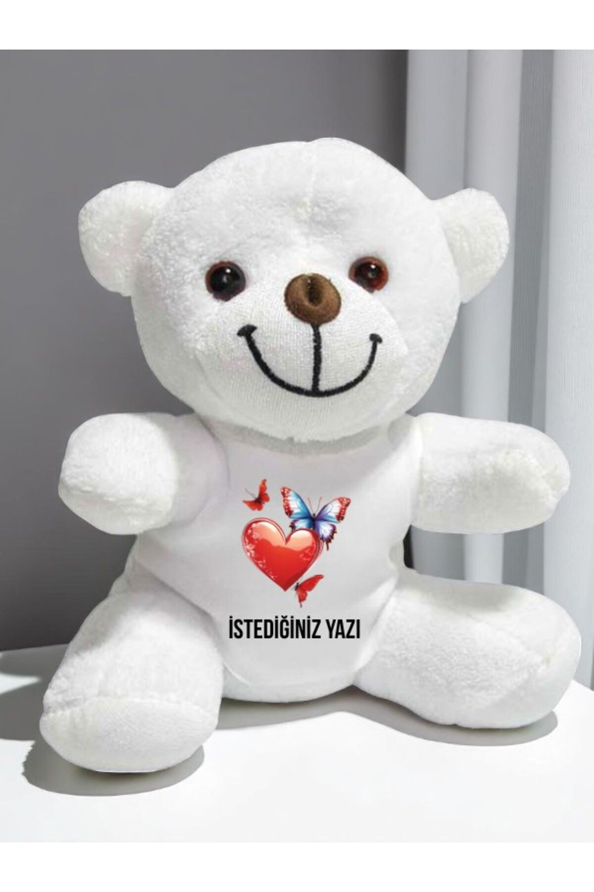 lili hediyelik Kalpli Kelebekler Temalı İstediğiniz Yazı Baskılı 20 cm Beyaz Peluş Ayıcık