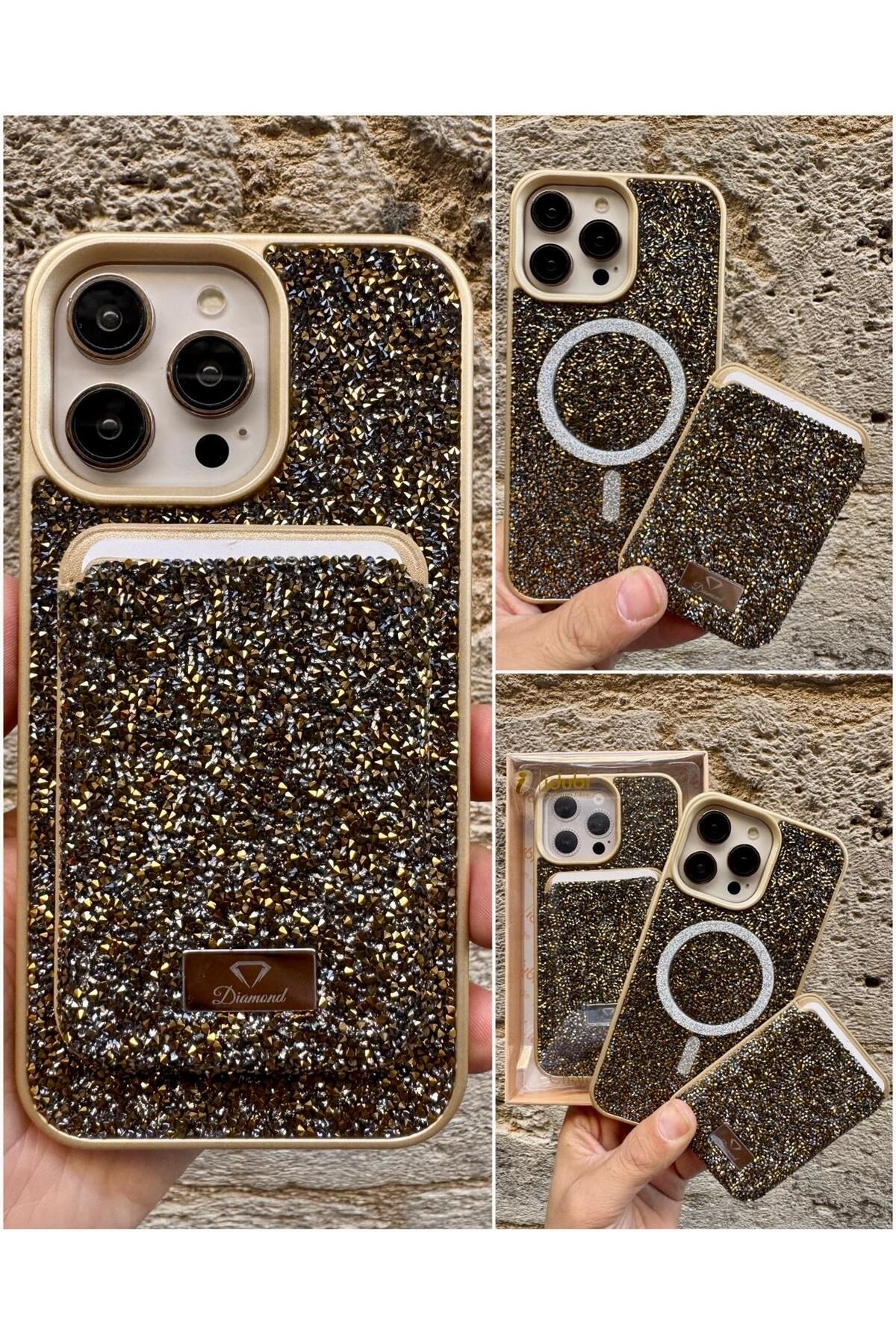 MEGA CASE iPhone 15 Pro Max Gold Taşlı Telefon Kılıfı ve MagSafe Uyumlu Kredi Kartlık Cüzdan Seti