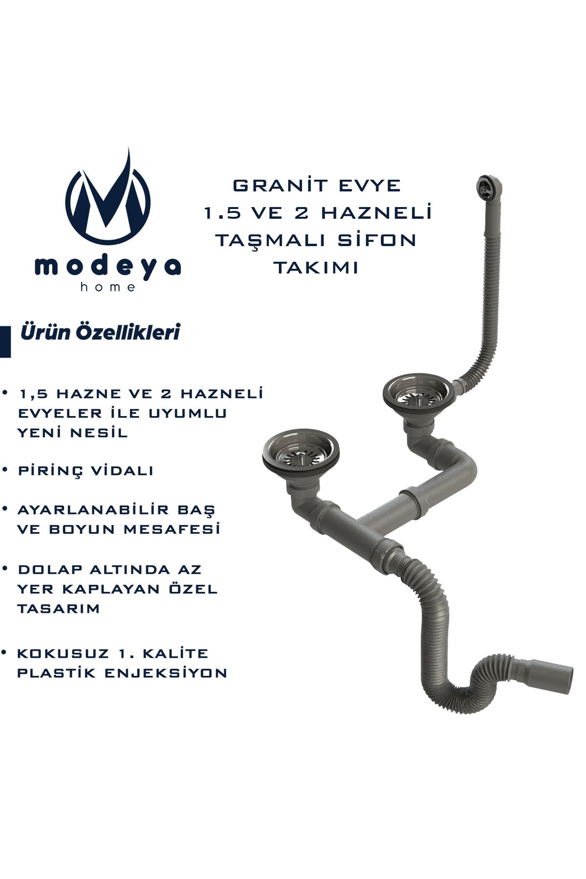 MODEYA HOME Granit Evye 1.5 ve 2 Hazneli Taşmalı Sifon Takımı