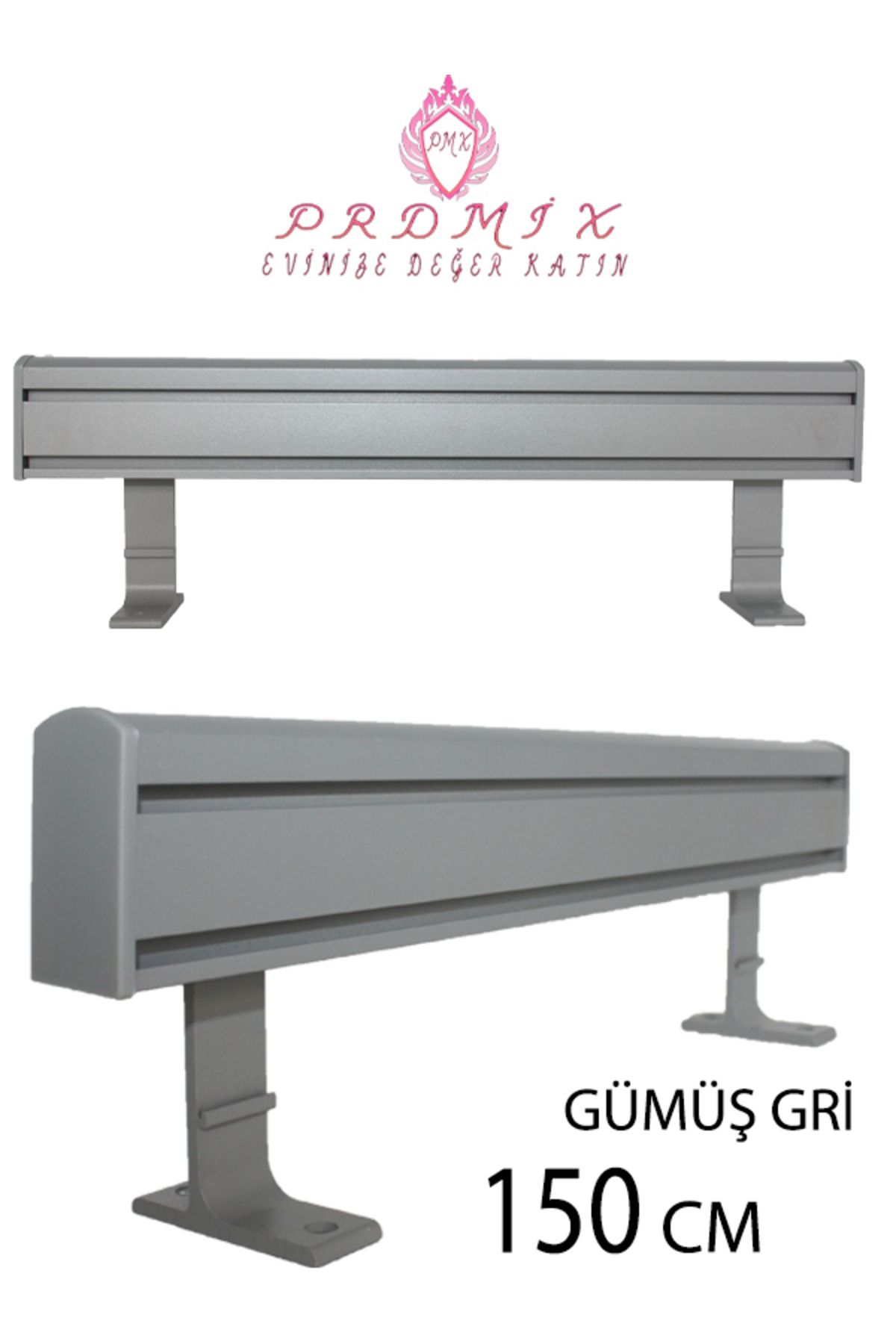 PERDE Mix 150 cm GRİ VİP Dekoratif Perde Ray Kornişi Alüminyum 2 Kanallı 10 cm Orijinal Alüminyum Ayaklı