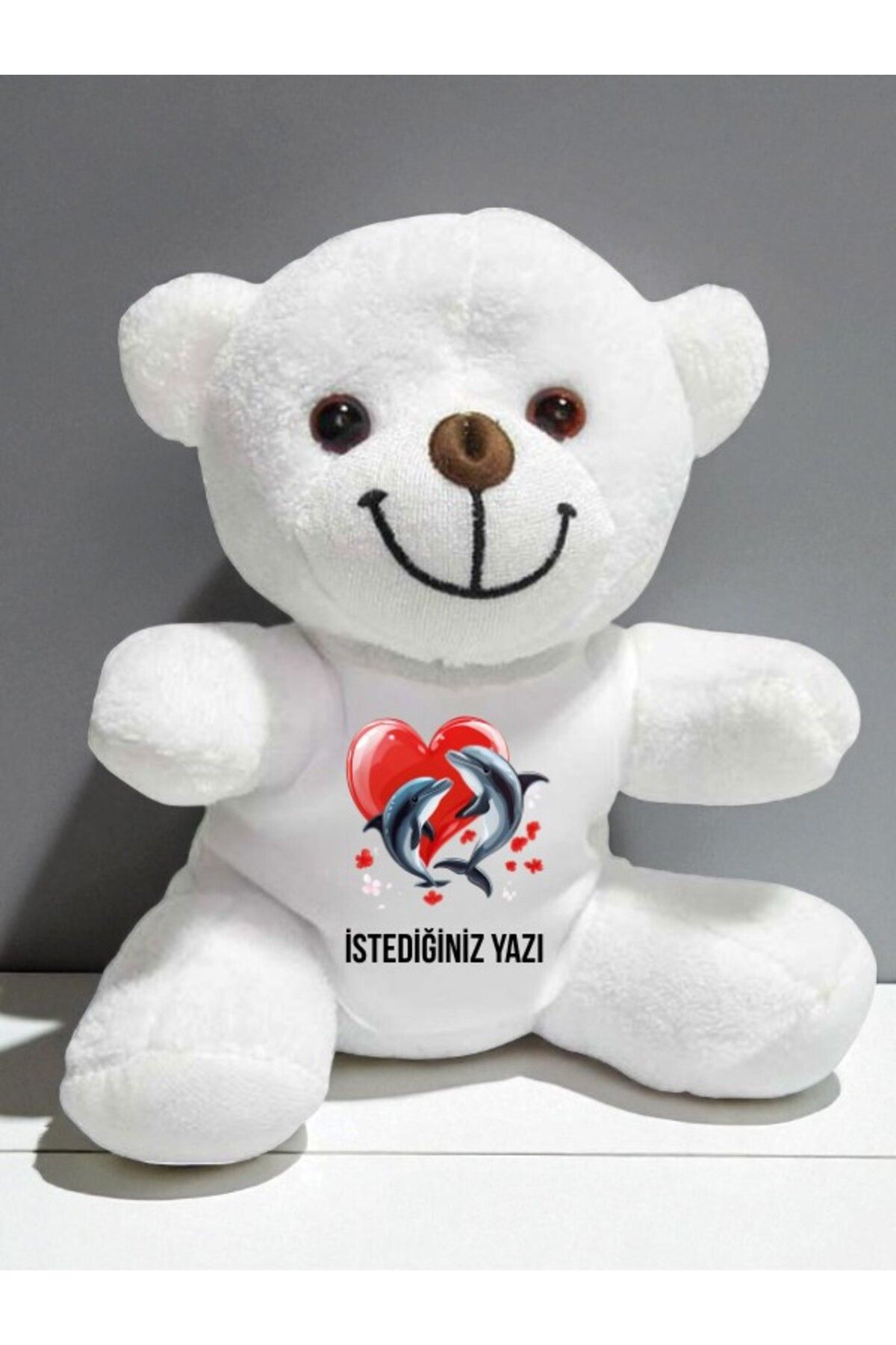 lili hediyelik Kalpli Yunus Temalı İstediğiniz Yazı Baskılı 20 cm Beyaz Peluş Ayıcık