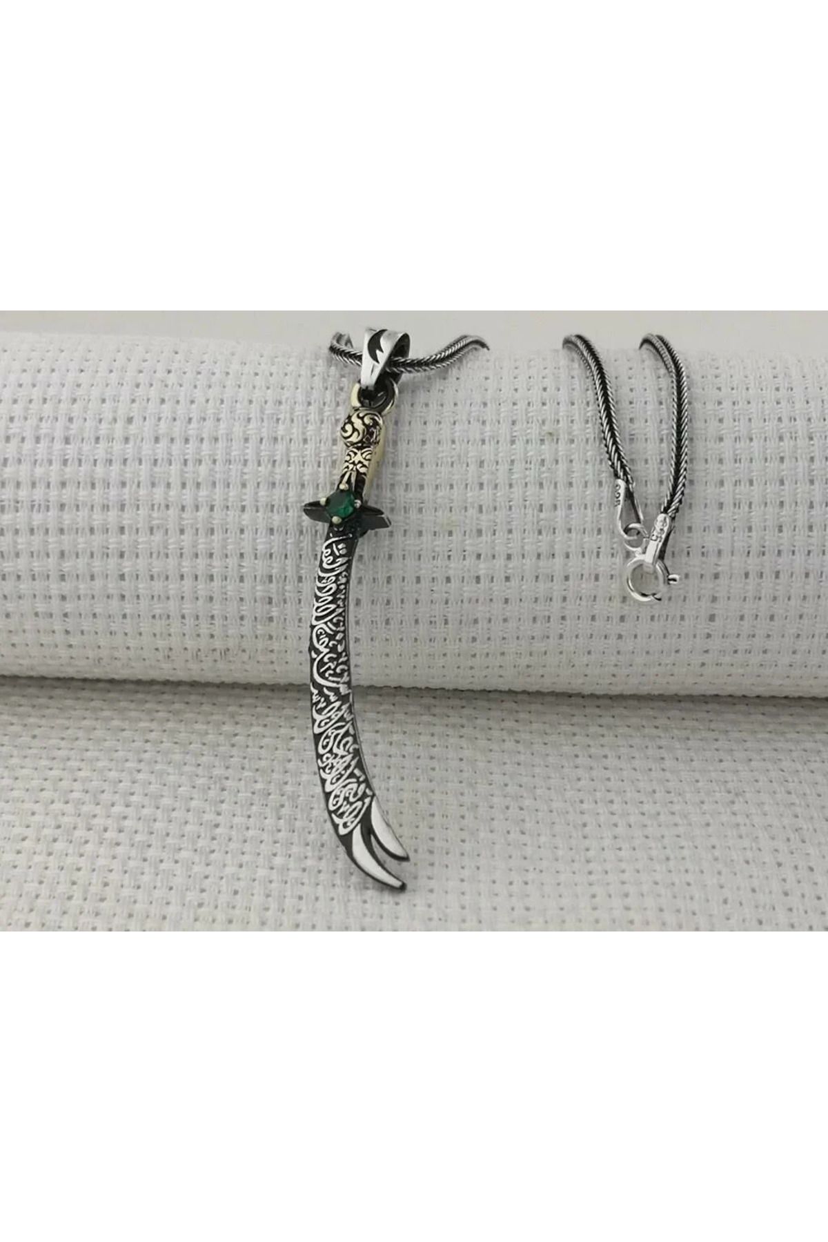 shop Yeşil Taşlı La Fetta İlla Ali La Seyfe İlla Zülfikar Yazılı 925 Ayar Gümüş Erkek Kolye