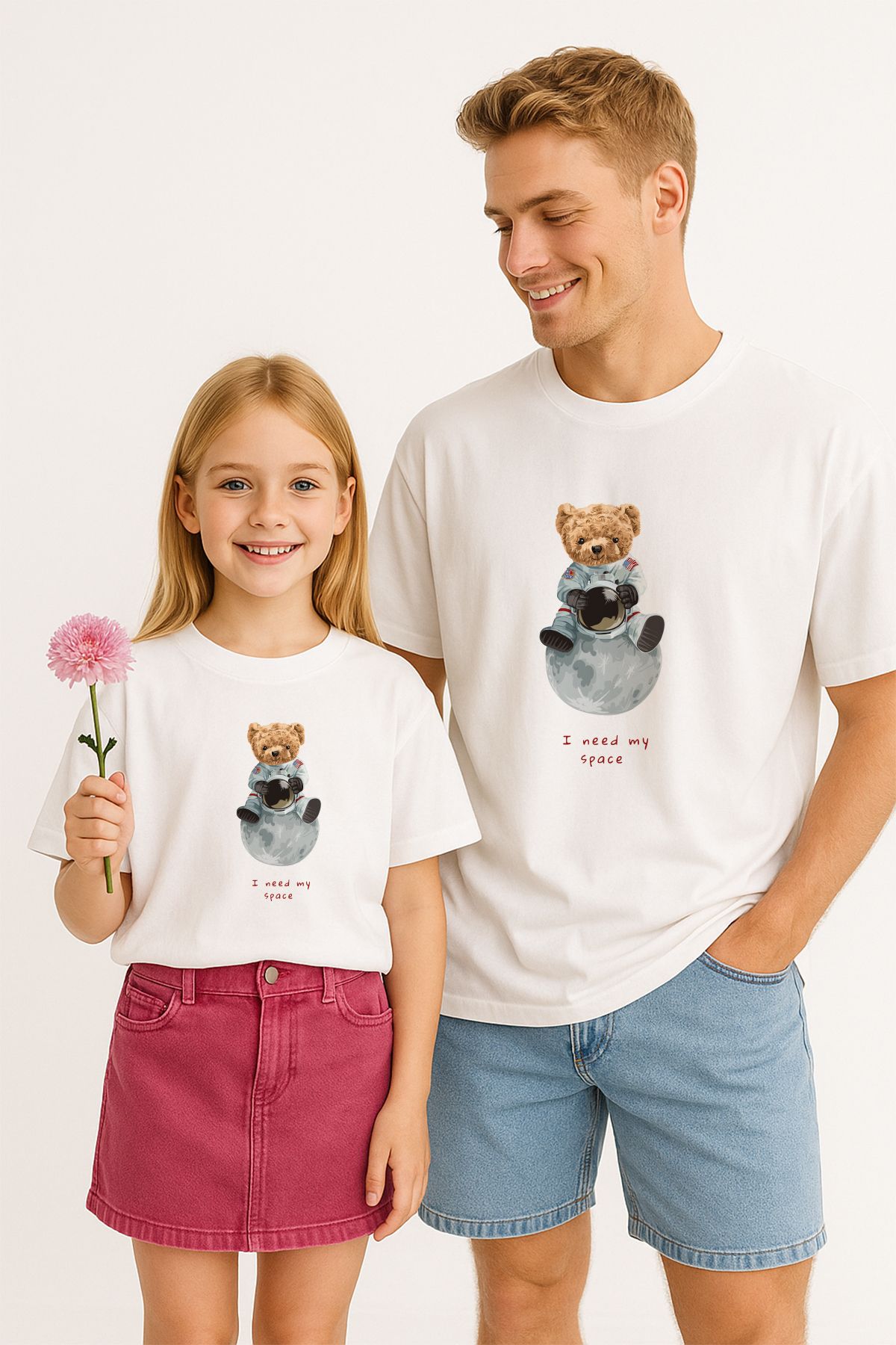 TARZ STİL Baba Kız Uyumlu Astronot Bear Baskılı Trend Tişört 14738