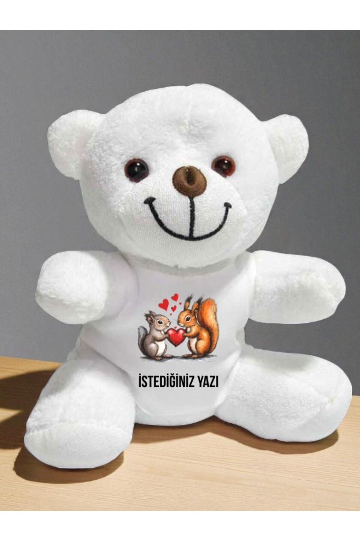 lili hediyelik Kalpli Sincap Temalı İstediğiniz Yazı Baskılı 20 cm Beyaz Peluş Ayıcık