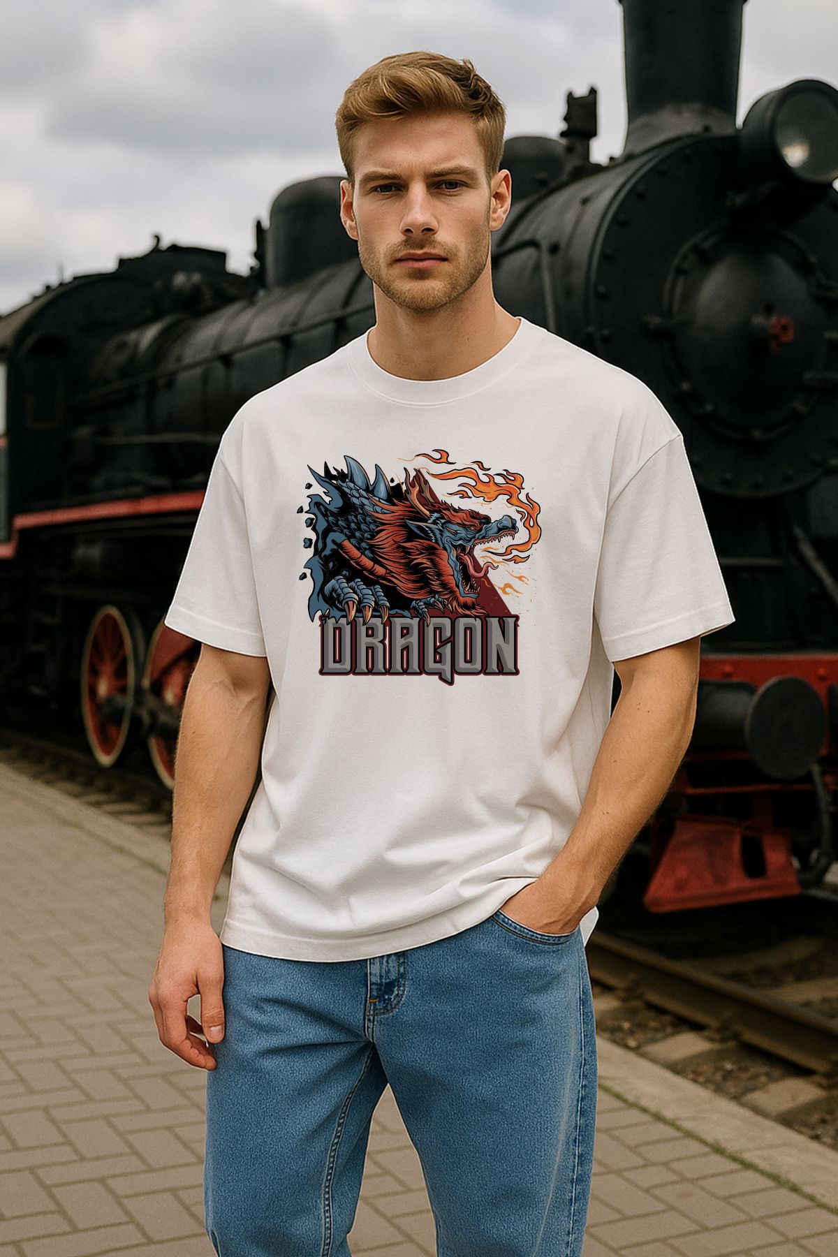 TARZ STİL Erkek Beyaz Oversize Dragon Baskılı Kısa Kollu Tişört 16015