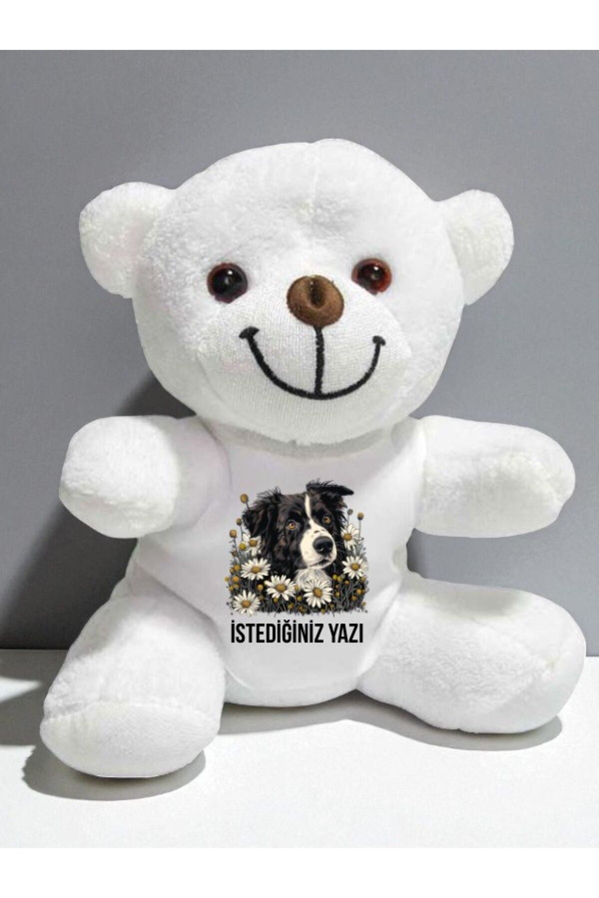 lili hediyelik Kalpli Çiçek Temalı İstediğiniz Yazı Baskılı 20 cm Beyaz Peluş Ayıcık