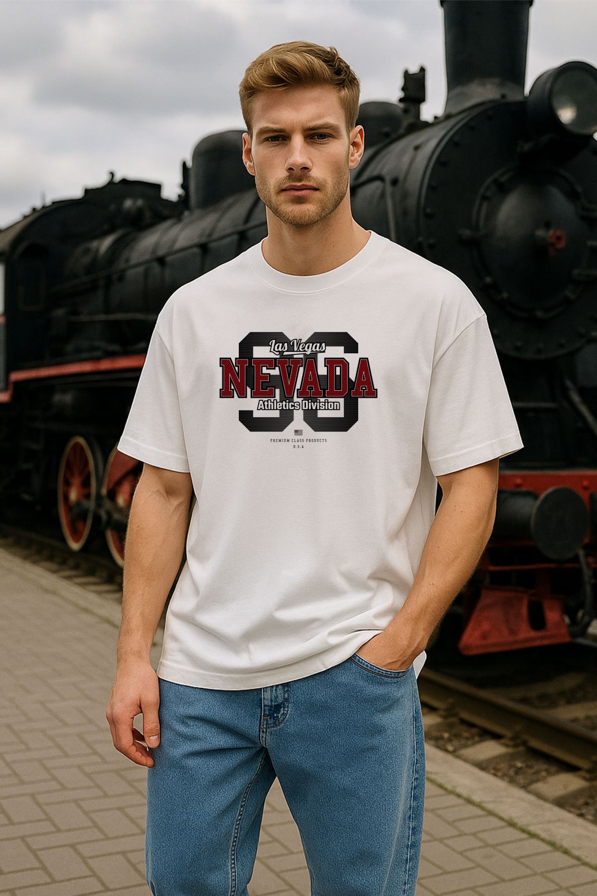 TARZ STİL Erkek Beyaz Oversize Nevada Baskılı Kısa Kollu Tişört 12593