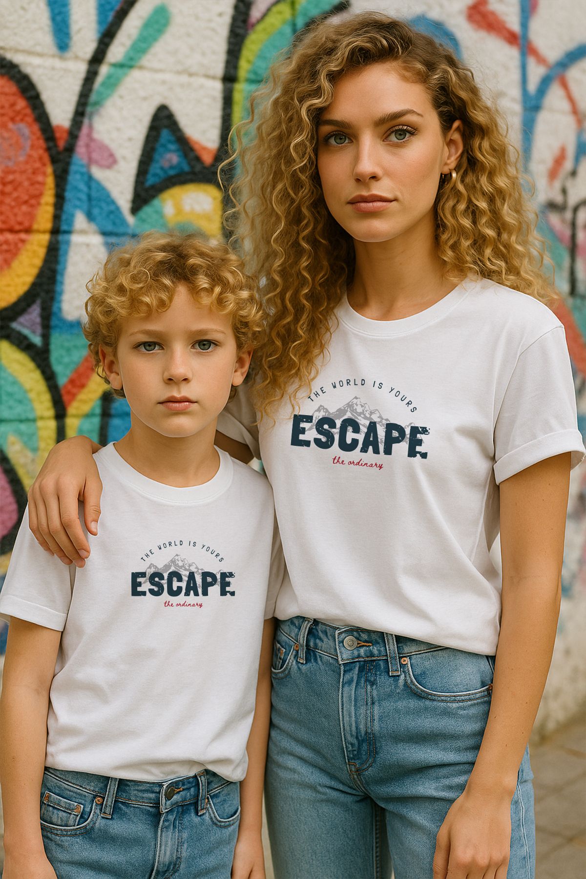 TARZ STİL Anne Oğul Uyumlu Escape Baskılı Trend Tişört 16313