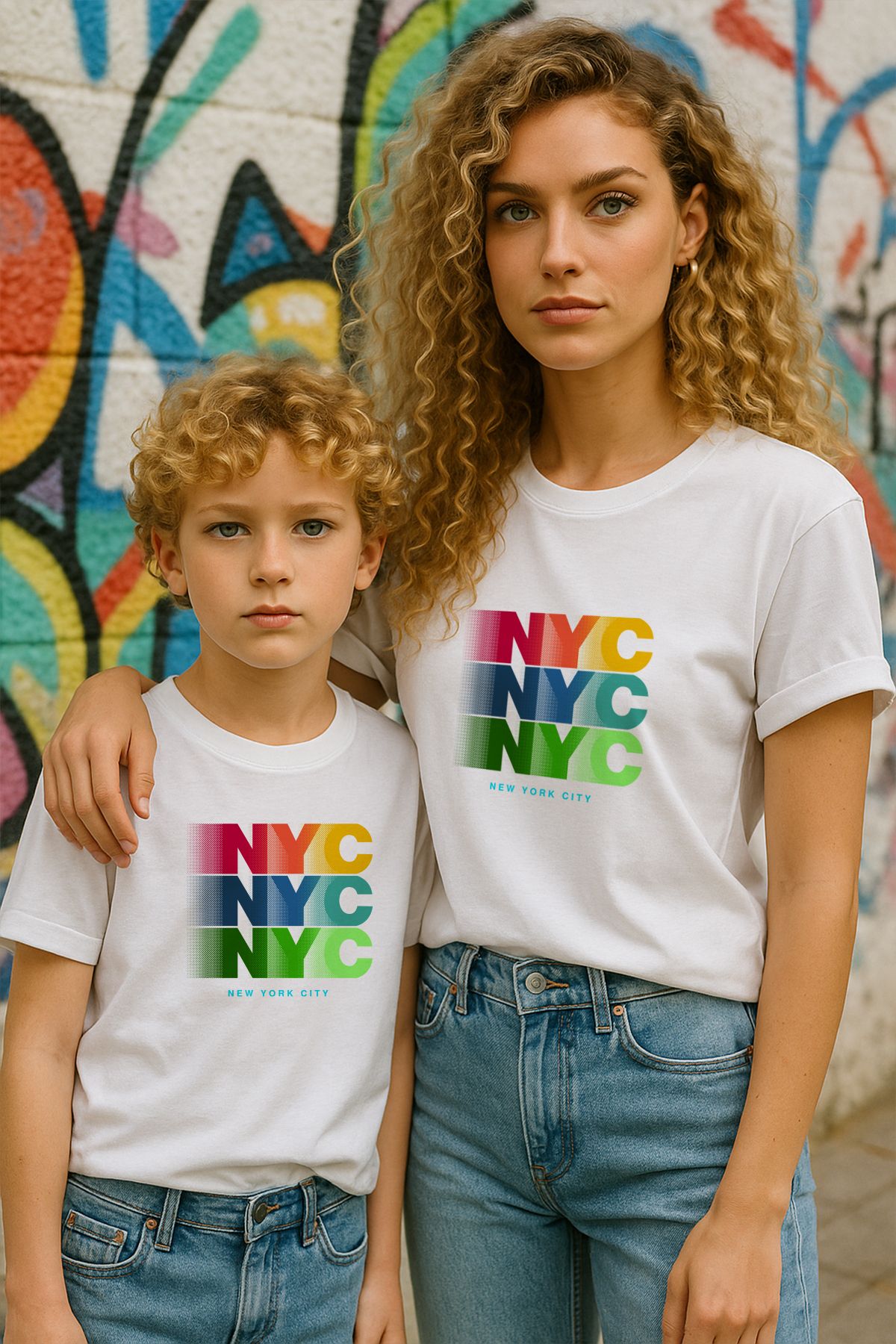TARZ STİL Anne Oğul Uyumlu Renkli Nyc Logo Baskılı Trend Tişört 13206