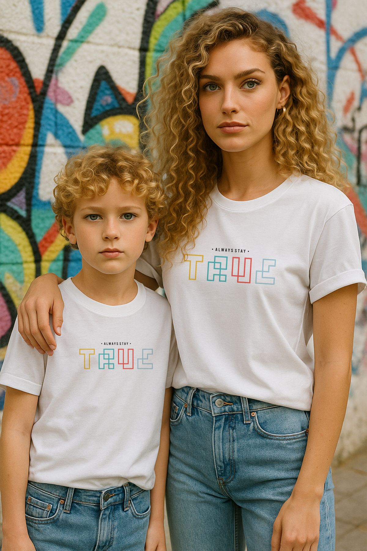 TARZ STİL Anne Oğul Uyumlu Renkli Çizgiler Baskılı Trend Tişört 13658