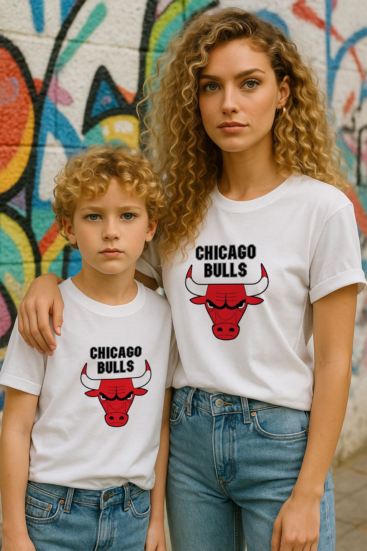 TARZ STİL Anne Oğul Uyumlu Chicago Bulls Baskılı Trend Tişört 12444