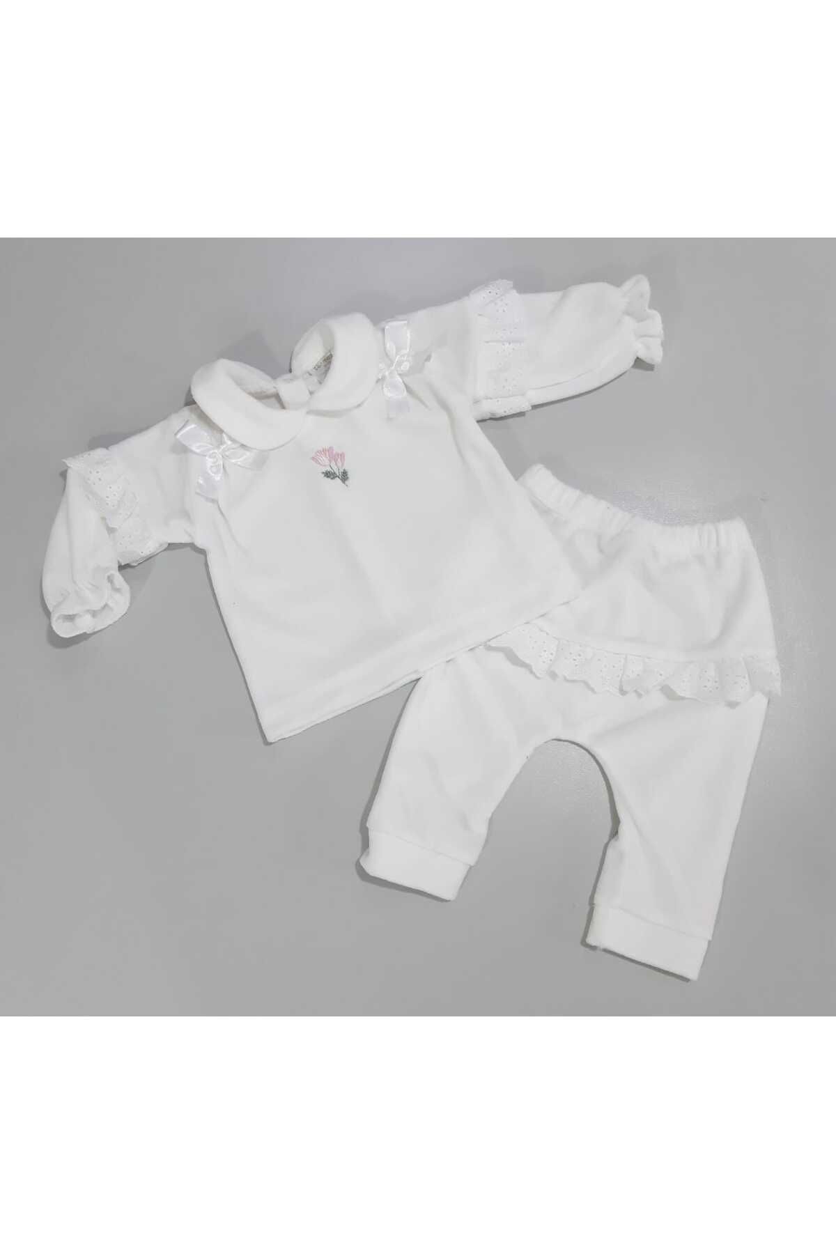 Sönmez Baby PLİKAŞE ÇİÇEKLİ FİSTOLU KADİFE KIŞLIK İKİLİ KIZ BEBE TAKIMI