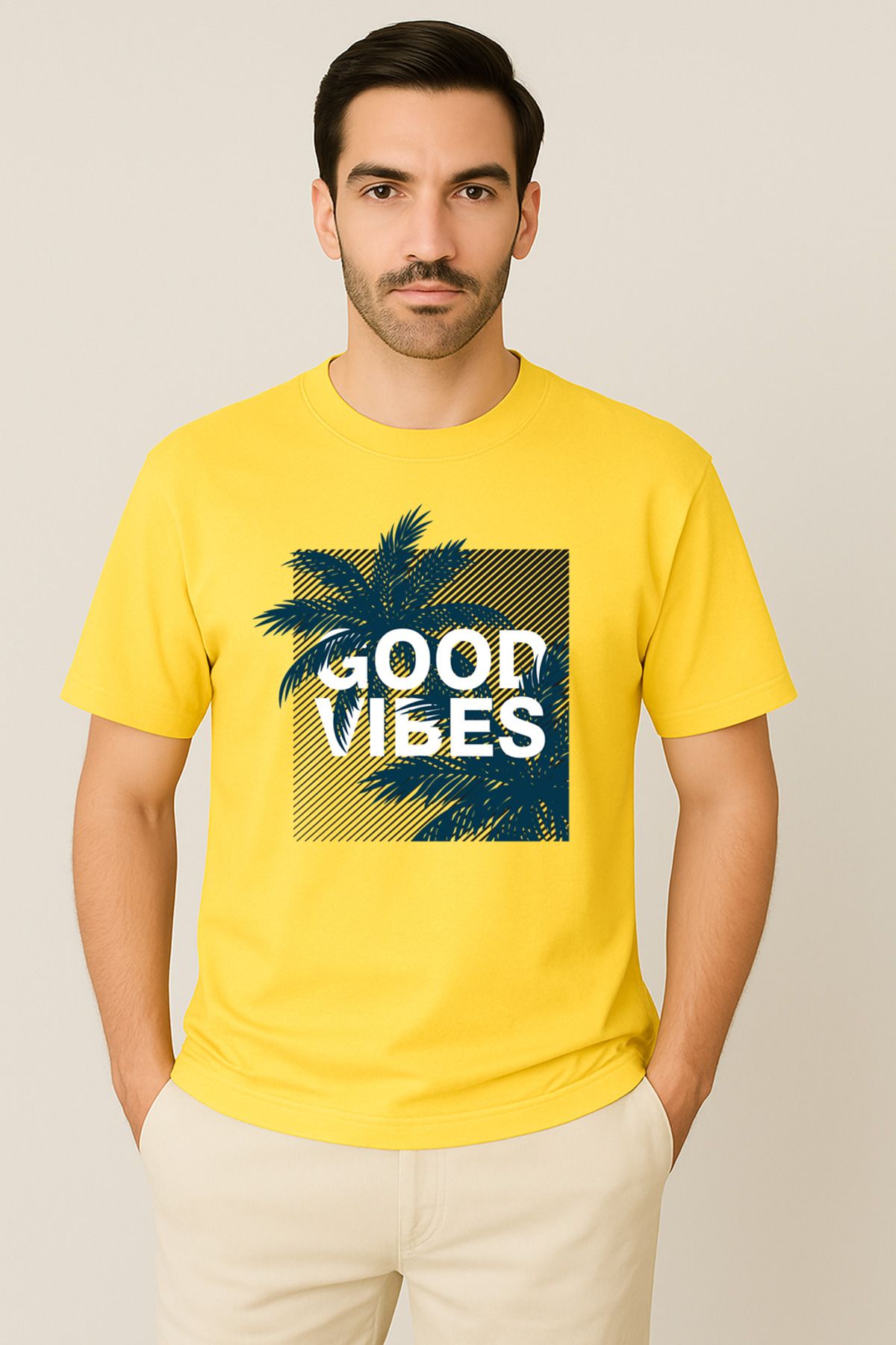 PARSHEY Erkek - Kadın %100 Pamuk Good Vibes Palmiye Desenli Baskılı Yarım Kollu Bisiklet Yaka T-Shirt