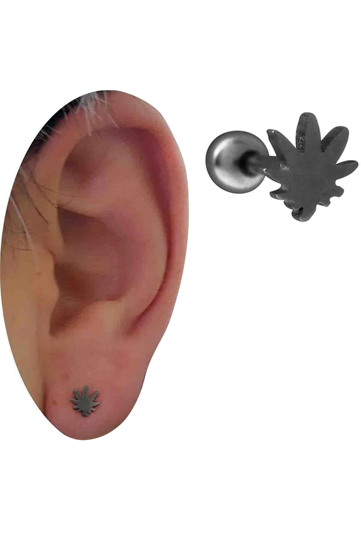Cadının Dükkanı Çelik Yaprak Siyah Tragus Helix Kıkırdak Piercing