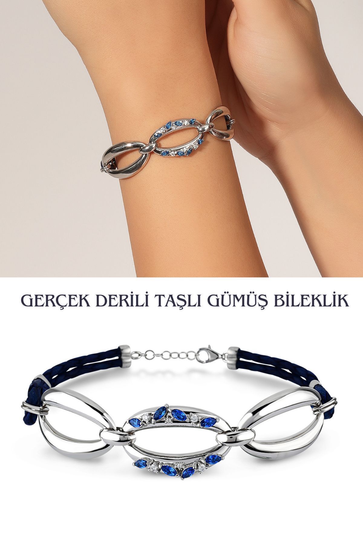 Hepimitu Taşlı Gümüş Deri Bileklik