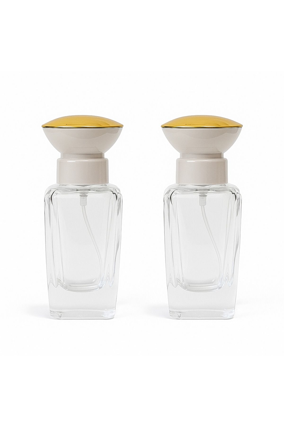 Büyülü Şişeler 50 ml Şeffaf Cam Doldurulabilir Parfüm Şişesi – Oval Beyaz Kapaklı 2 Adet