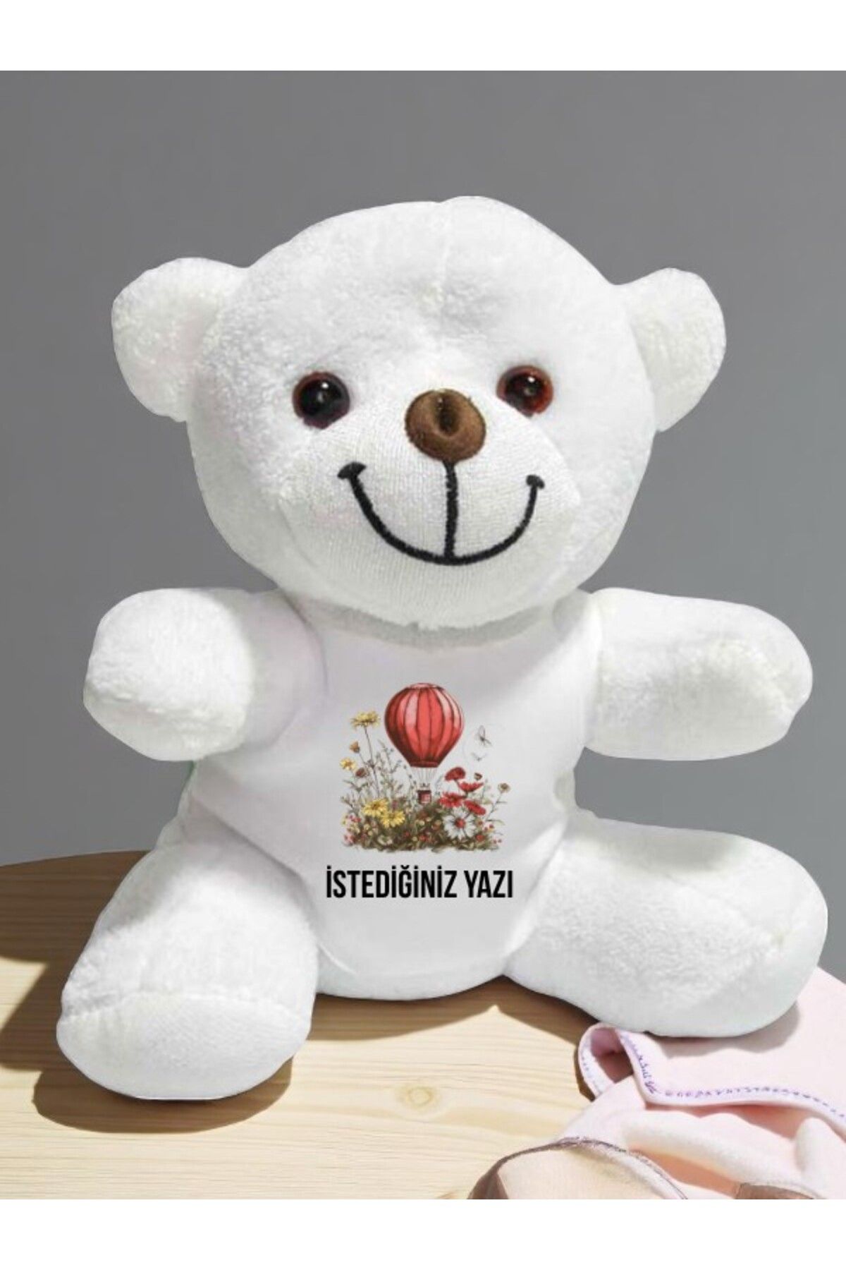 lili hediyelik Uçan Balon Temalı İstediğiniz Yazı Baskılı 20 cm Beyaz Peluş Ayıcık