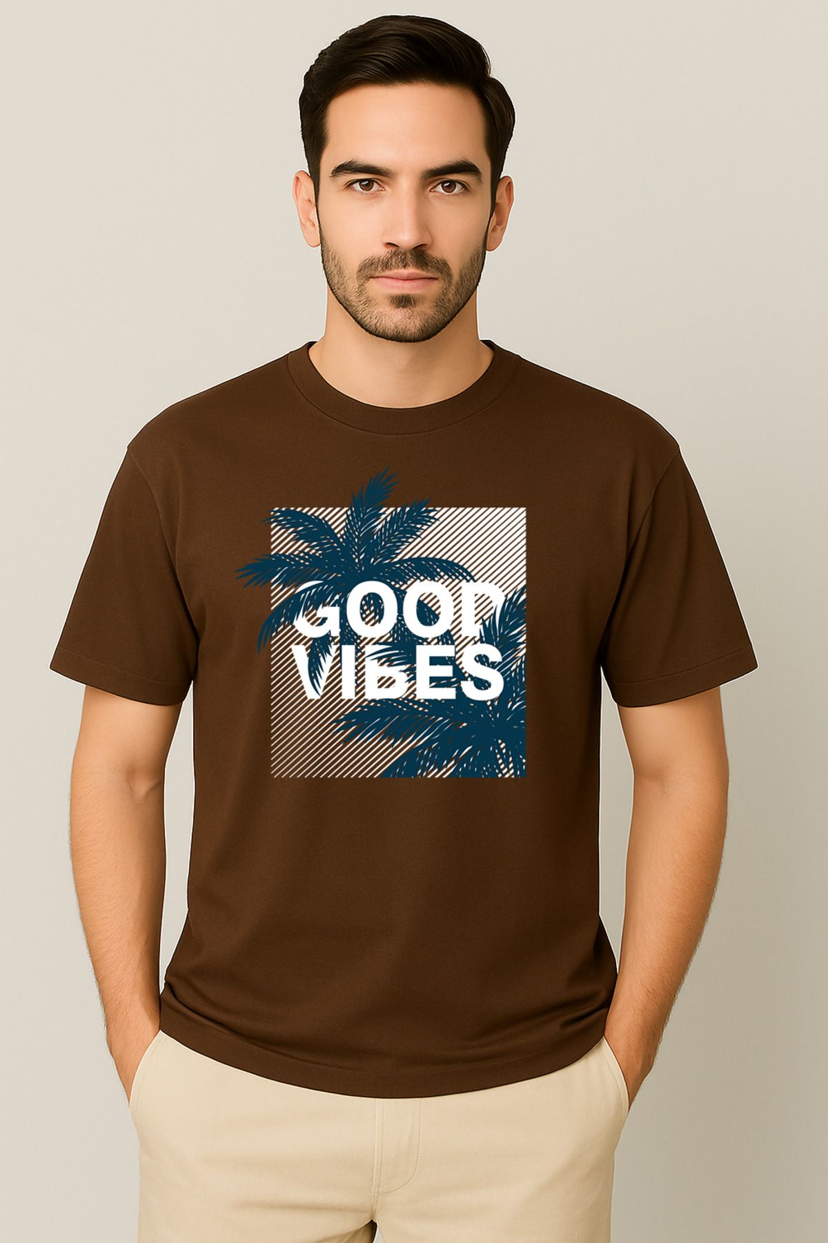 PARSHEY Erkek - Kadın %100 Pamuk Good Vibes Palmiye Desenli Baskılı Yarım Kollu Bisiklet Yaka T-Shirt