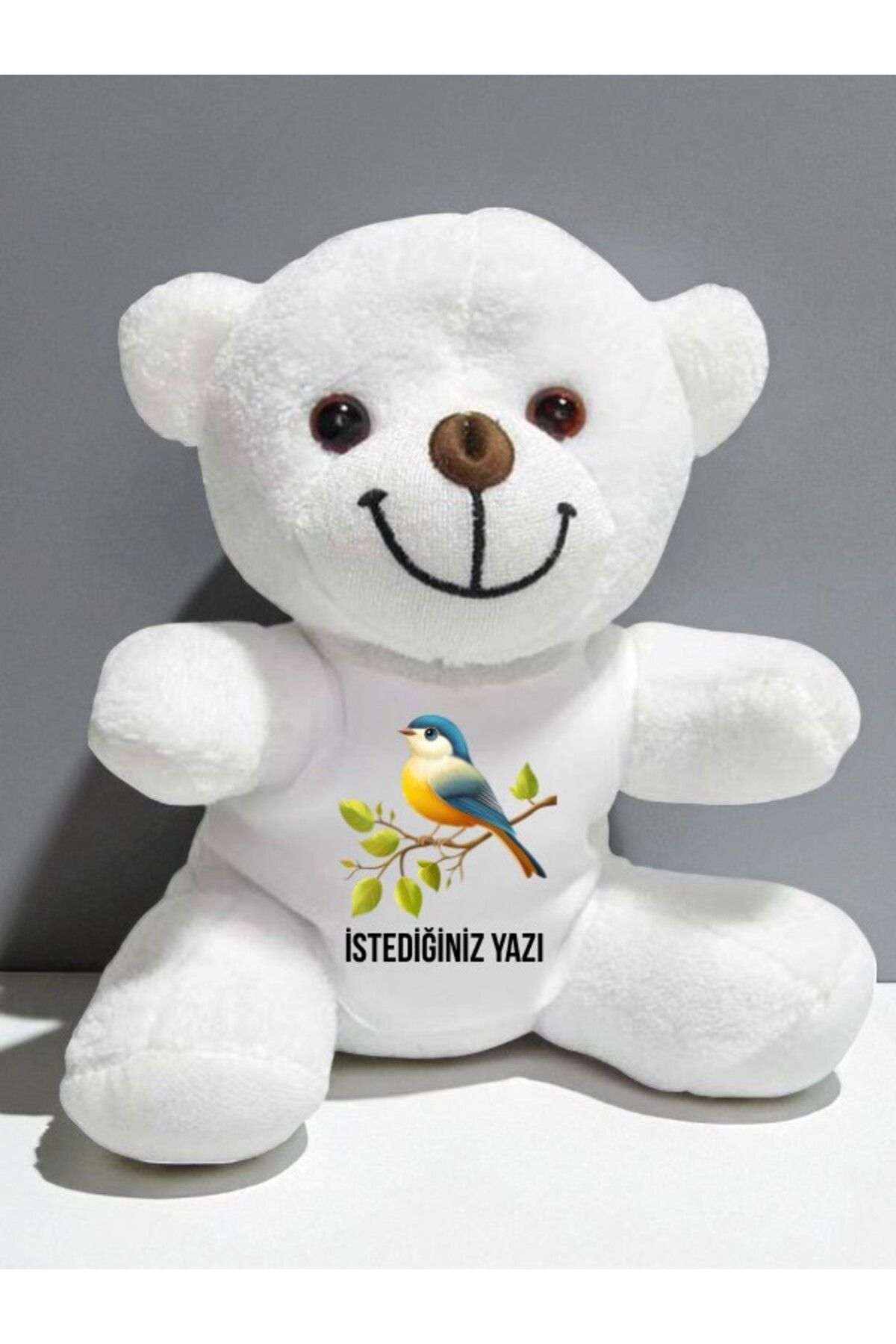 lili hediyelik Dalda Sevimli Kuş Temalı İstediğiniz Yazı Baskılı 20 cm Beyaz Peluş Ayıcık