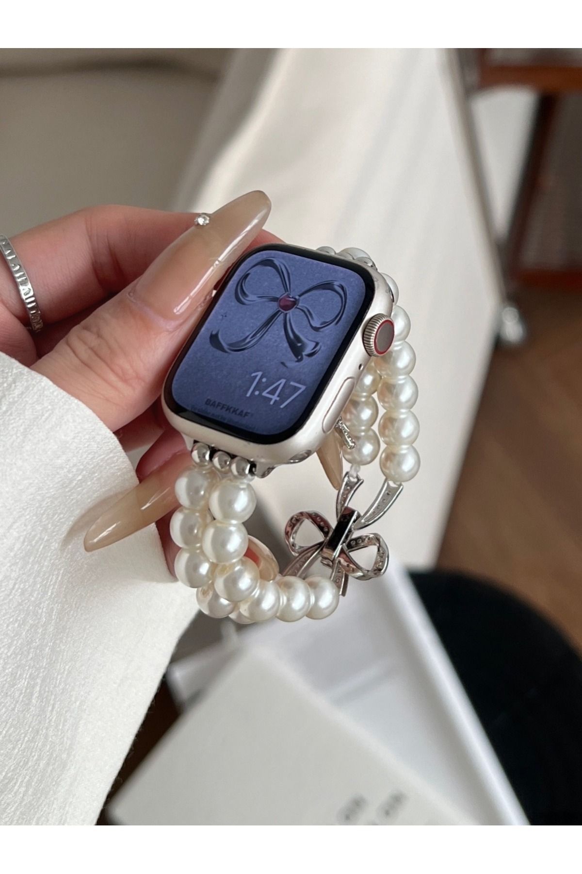 Alstrap Apple Watch 10 42mm 4 5 6 7 8 9 Se Uyumlu 38 40 41mm Çift Sıra İncili Fiyonk Detaylı Kordon KAyış