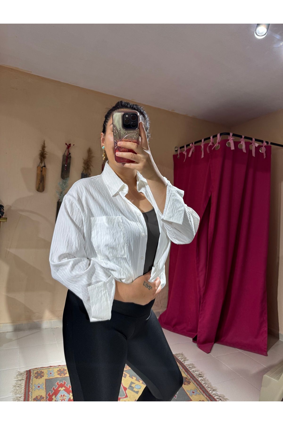 özgürmoda Kadın Ekru Kendinden Çizgili Oversize Gömlek