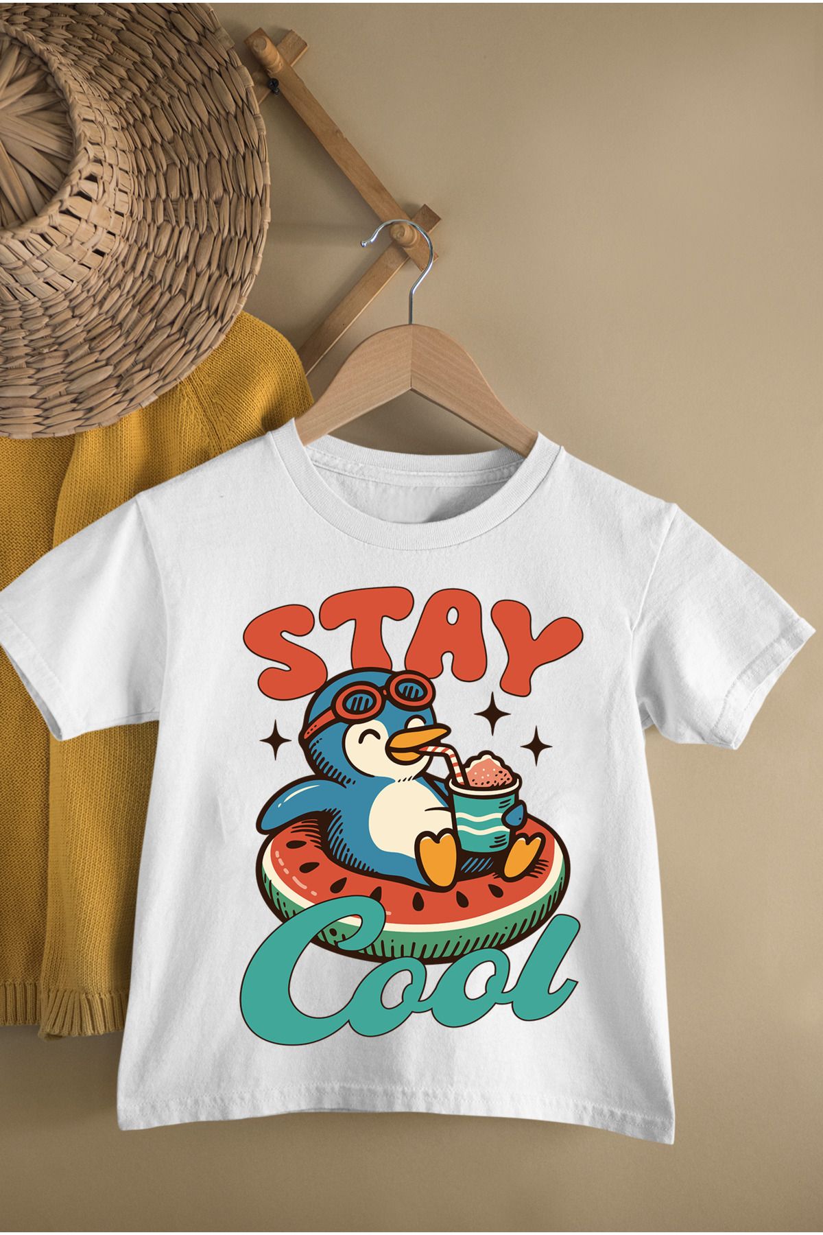 MAGORS COOL PENGUIN BASKILI PAMUKLU BİSİKLET YAKA KISA KOLLU GENÇ VE ÇOCUK TSHIRT