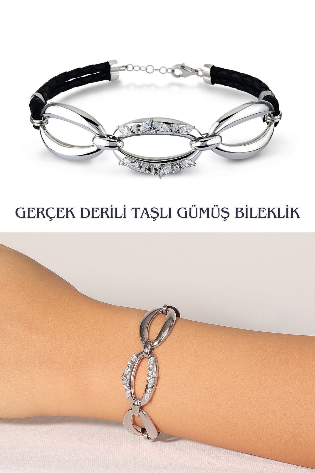 Hepimitu Taşlı Gümüş Deri Bileklik