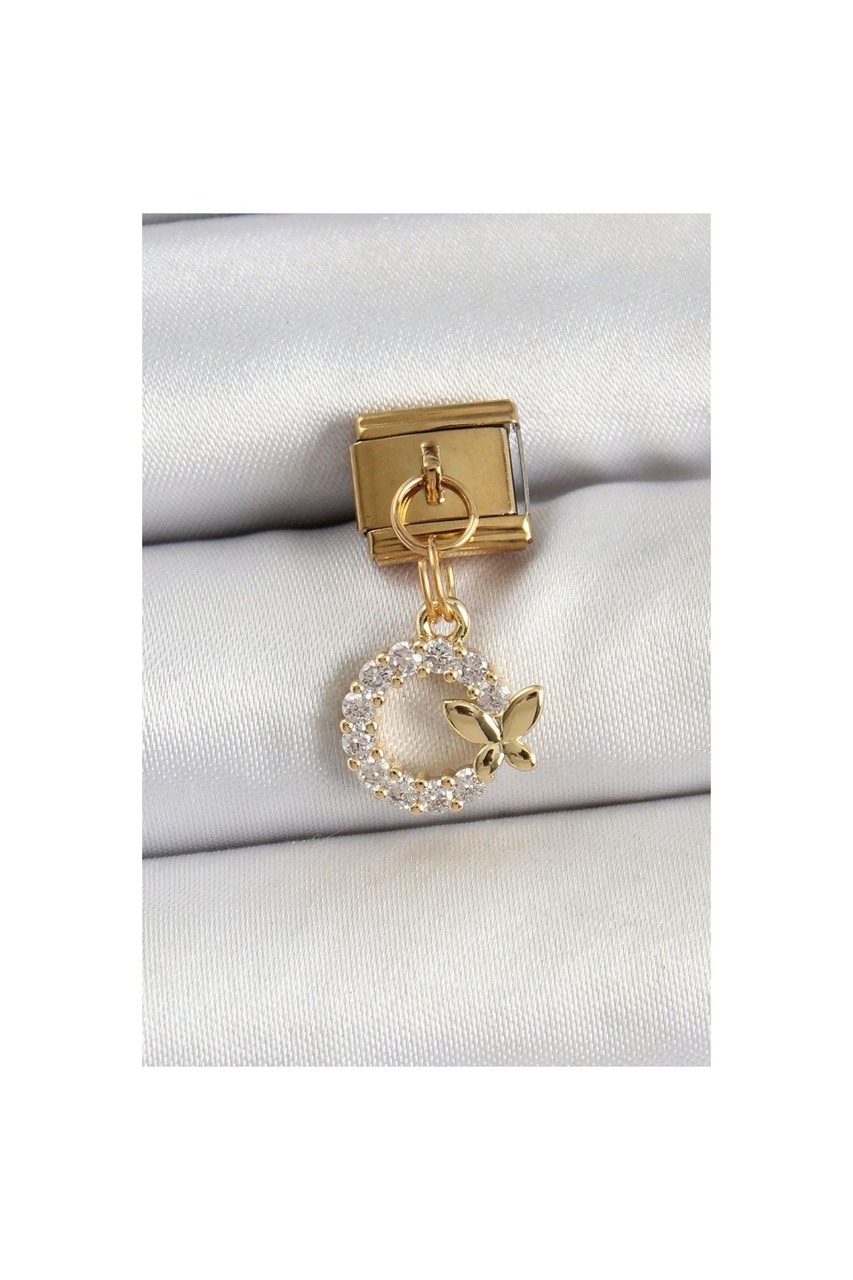 maarketim 316L Çelik Sallantılı Zirkon Taşlı Kelebek Detaylı Halka Model Gold Renk Nomination Charm