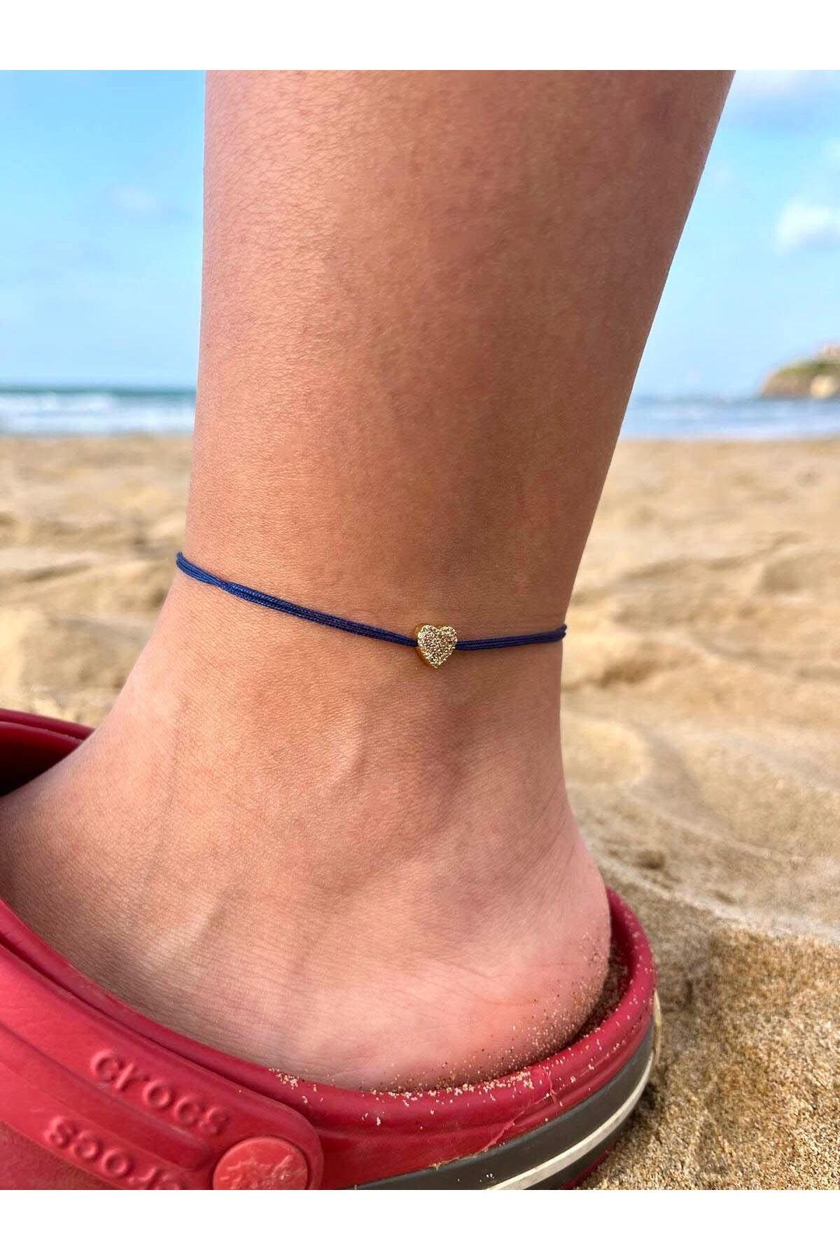 Zerys Jewelry Kalp Detaylı Lacivert İp Halhal Bileklik