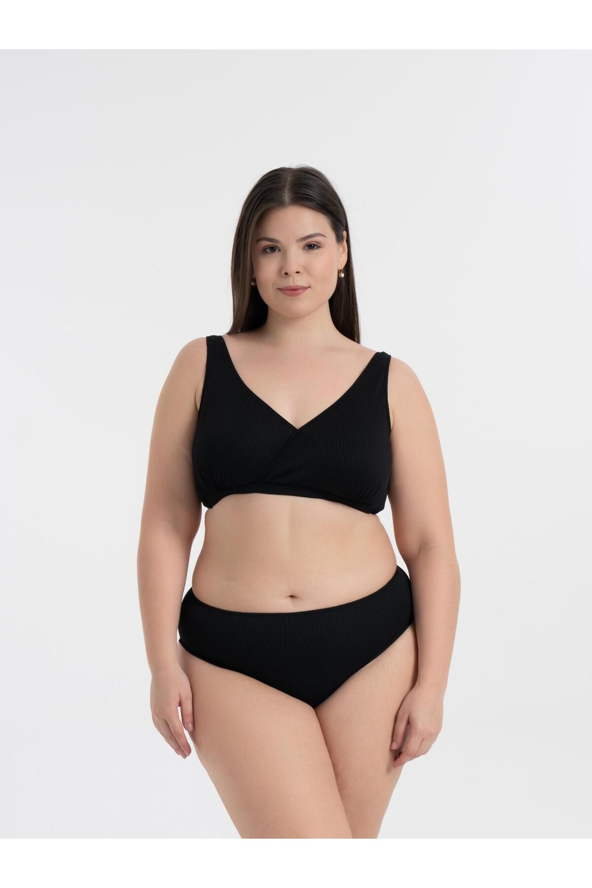AQUAVİVA Kadın Siyah Fitilli Büyük Beden Quinn Kruvaze Detaylı Toparlayıcı Bikini Takımı