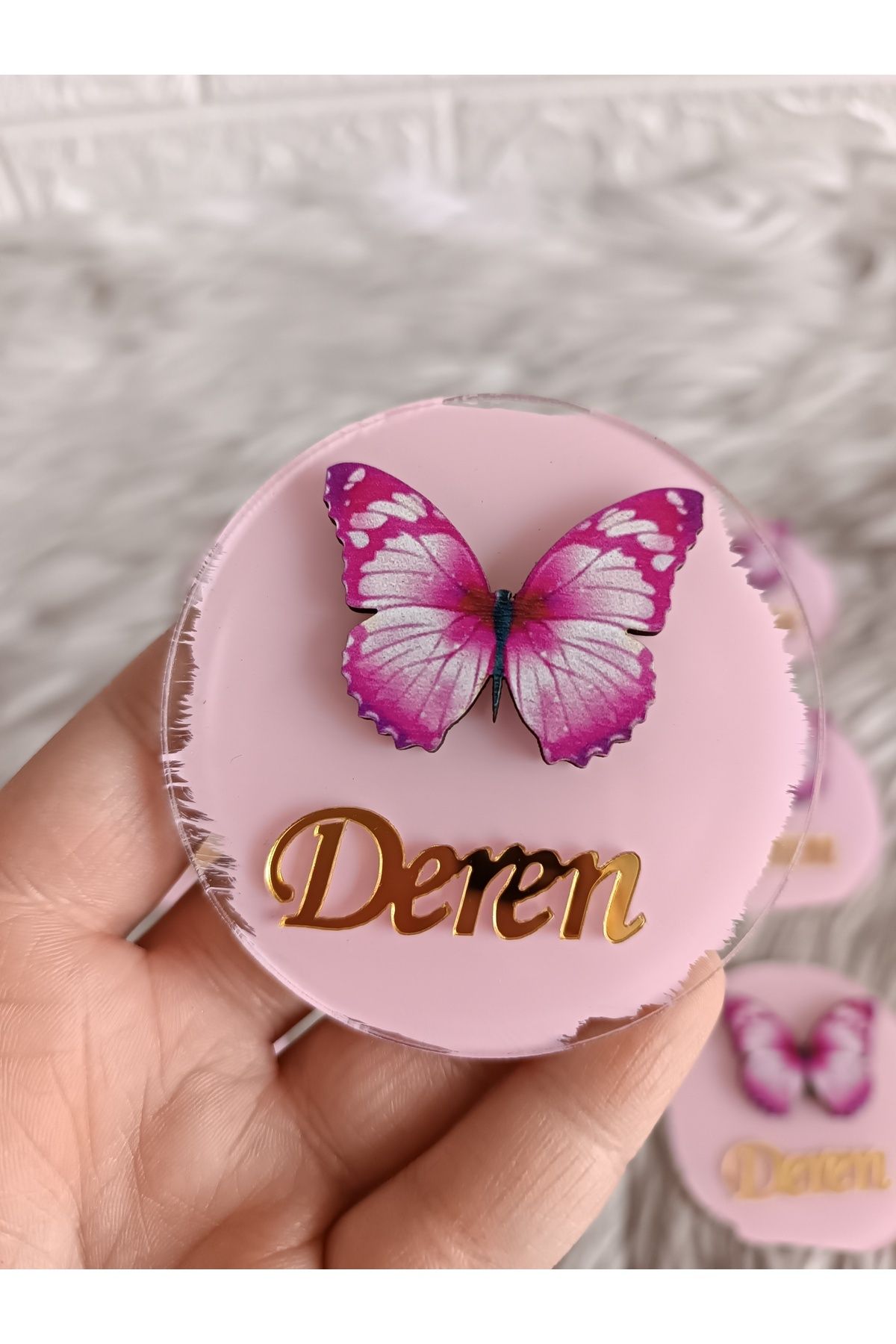 Doğrukan Hediyelik Fuşya kelebek figürlü pleksi yenidoğan doğum günü magnet hediyelik(10 adet)