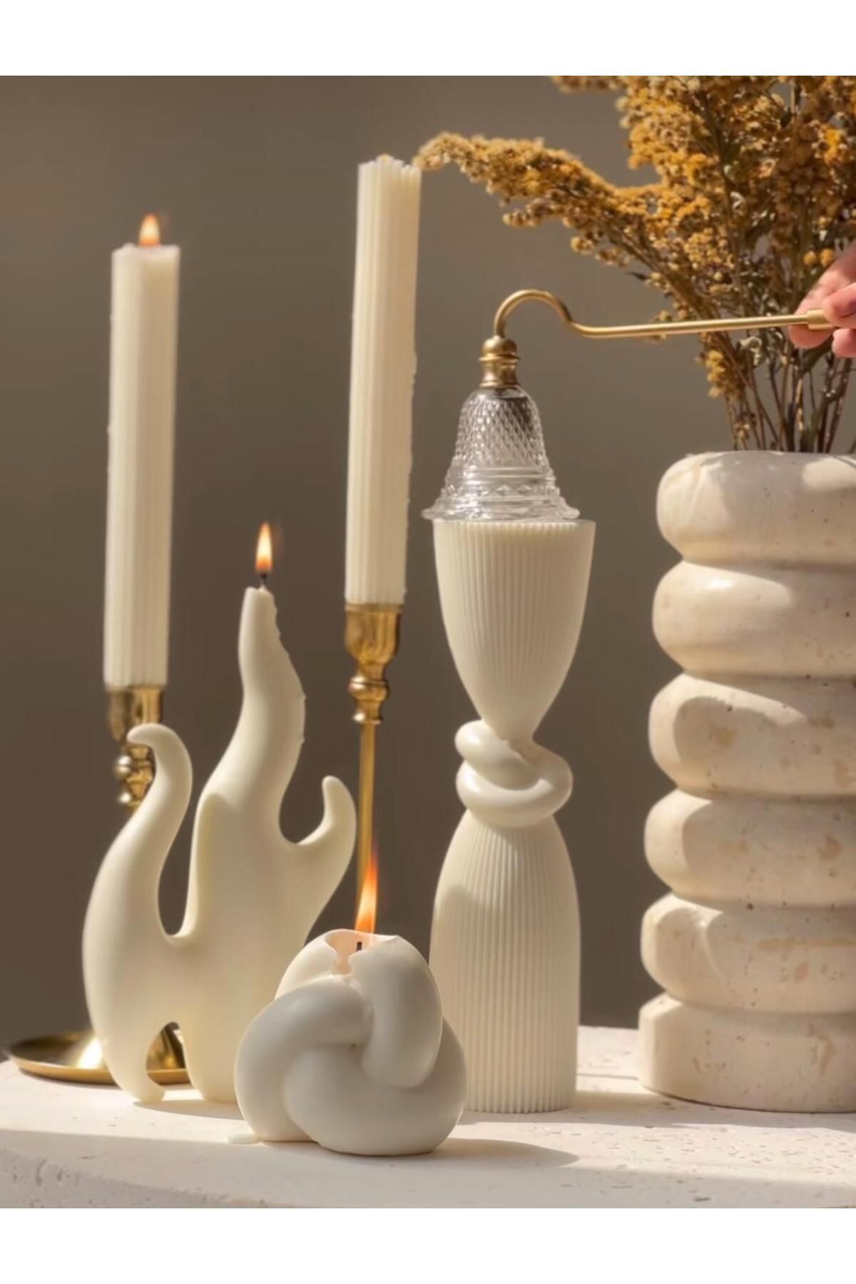 SCA CANDLE Dekoratif Mum Duyum +Alev+Duyum +Çizgili Şamdan Mum Toplam 5 Parça