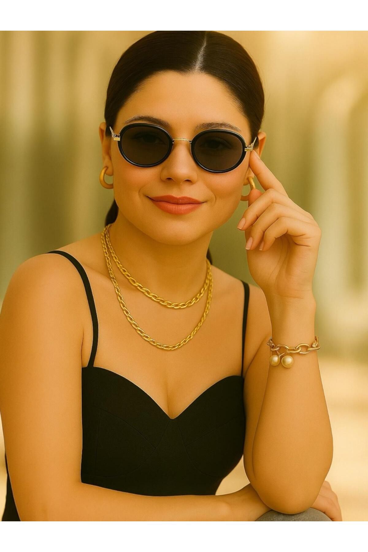 Merand Kadın Oval Siyah Çerçeveli Vintage Güneş Gözlüğü – Gold Detaylı